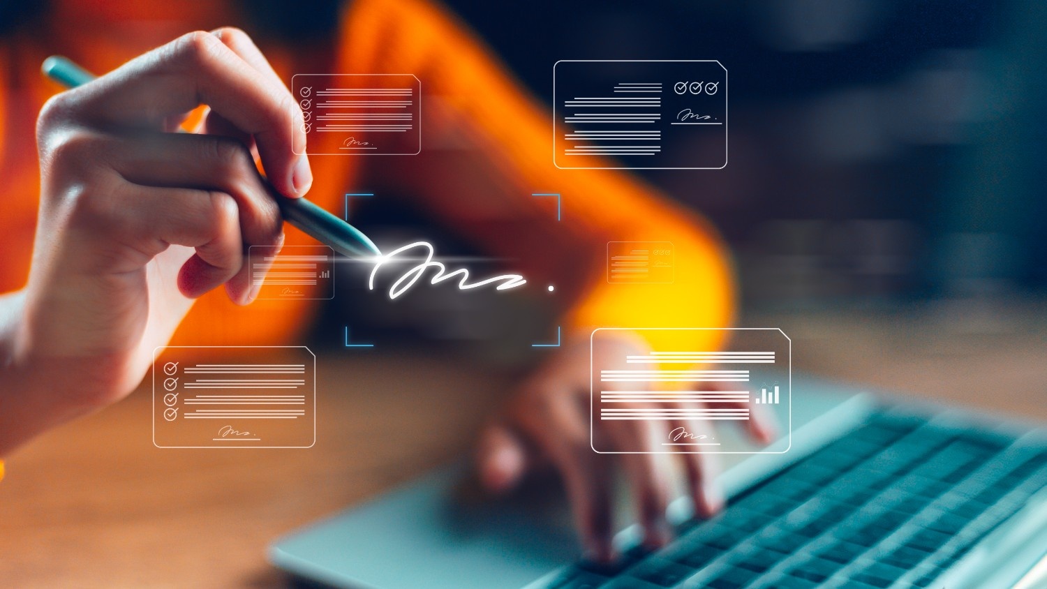 User signing documents online with eSignature platforms, showcasing secure and free electronic signature technology.