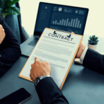 Business professionals reviewing a document using a free electronic contract signing solution, demonstrating how a contract signing tool streamlines approval processes.