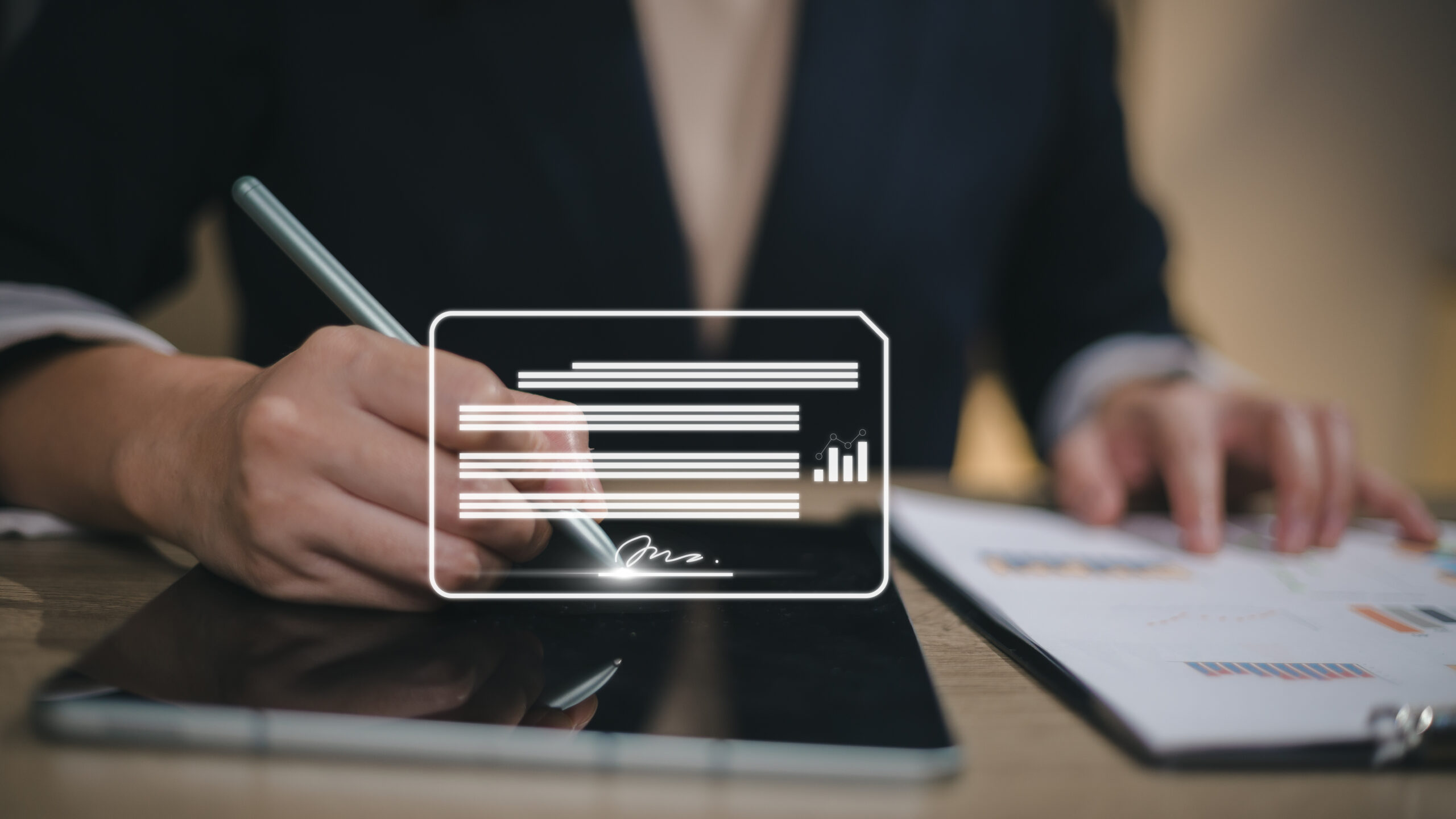 Business professional holding smartphone with digital overlay showing a document or contract interface with horizontal lines representing text, a small bar chart icon, and a signature line at the bottom