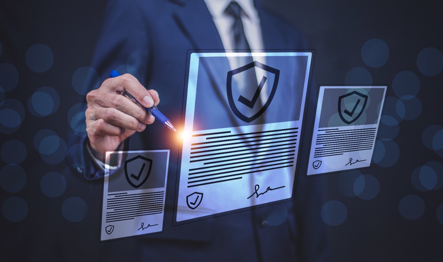 Business professional in suit holding pen while interacting with floating holographic digital documents displaying security shield icons with checkmarks and signatures, representing secure digital document management and electronic signature verification