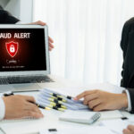 Business professionals in suits gathered around a laptop displaying a fraud alert warning with a red shield and lock icon on screen, reviewing documents and charts during a security meeting
