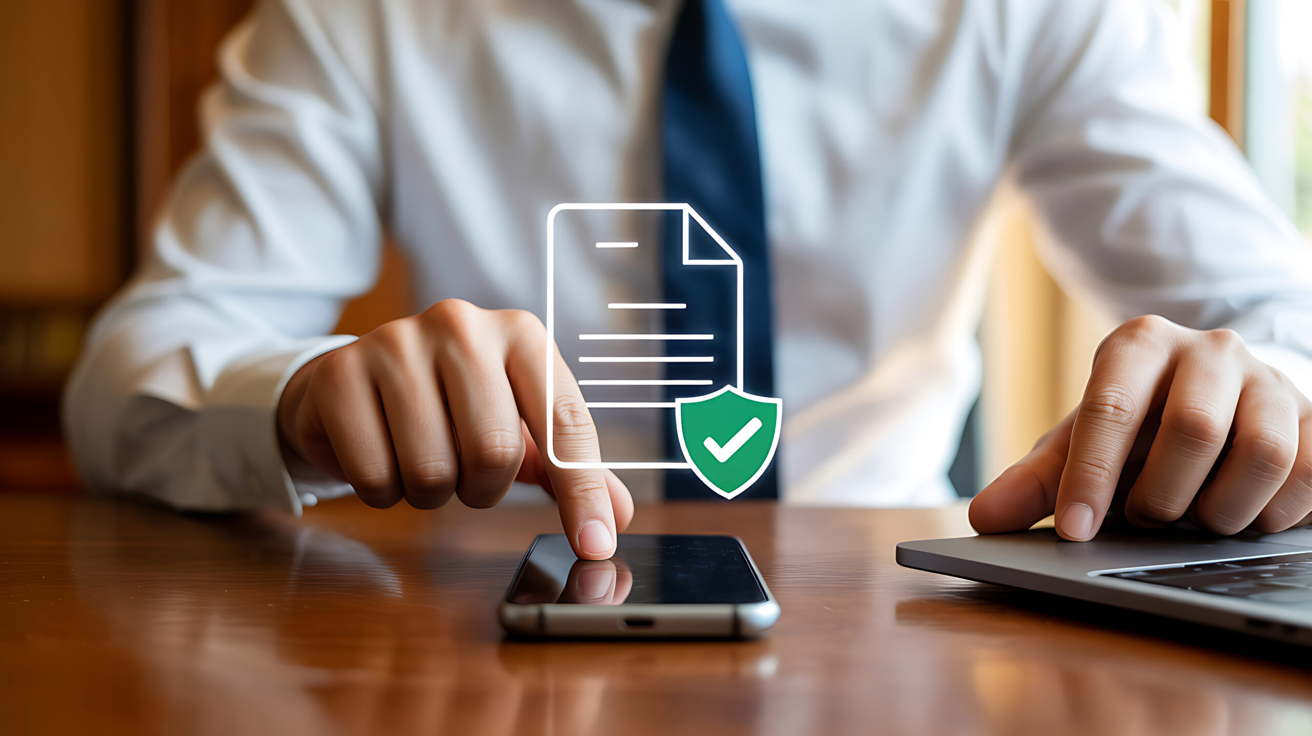 Business professional in white shirt and blue tie using smartphone at desk with digital overlay showing document icon with green security checkmark shield, indicating secure document verification or digital signature