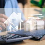 Person working at laptop with calculator, viewing digital overlay showing house icon with family silhouettes and insurance policy documents with checkmarks, representing home and family insurance planning