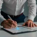 Business professional in white shirt signing digital document on tablet with stylus pen, with glowing signature effect visible on screen.