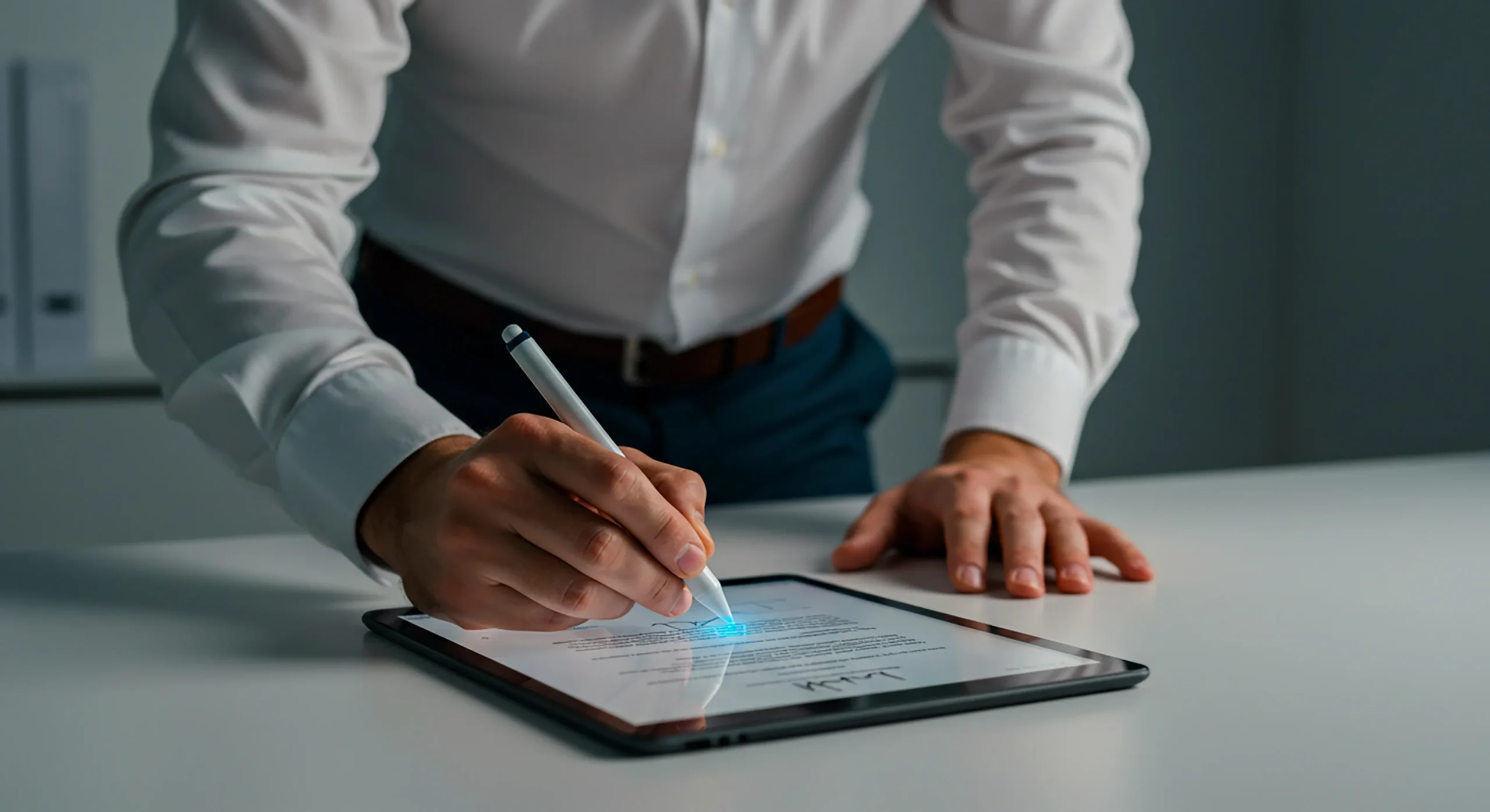 Business professional in white shirt signing digital document on tablet with stylus pen, with glowing signature effect visible on screen.