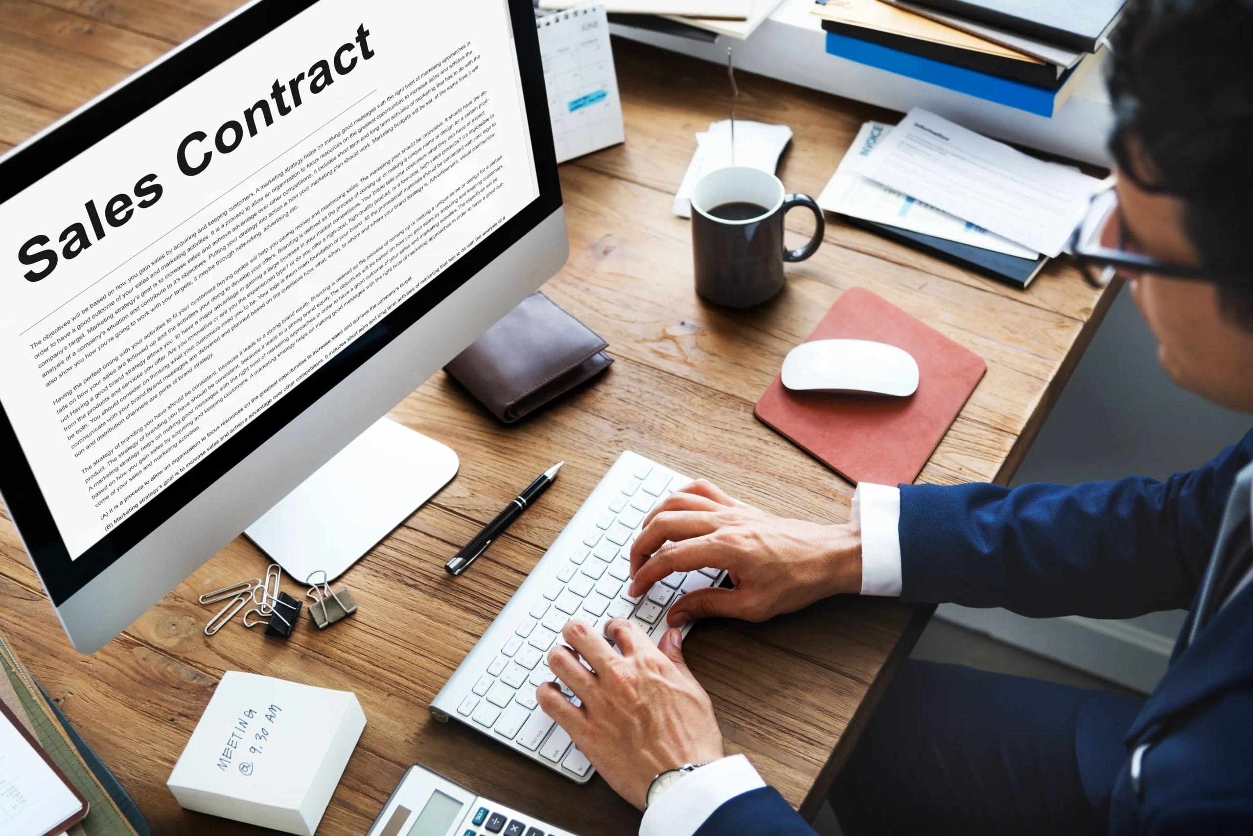 Business professional reviewing a sales contract on a computer, preparing to finalize it using Electronic Signatures with an Esignature app for sales contracts.