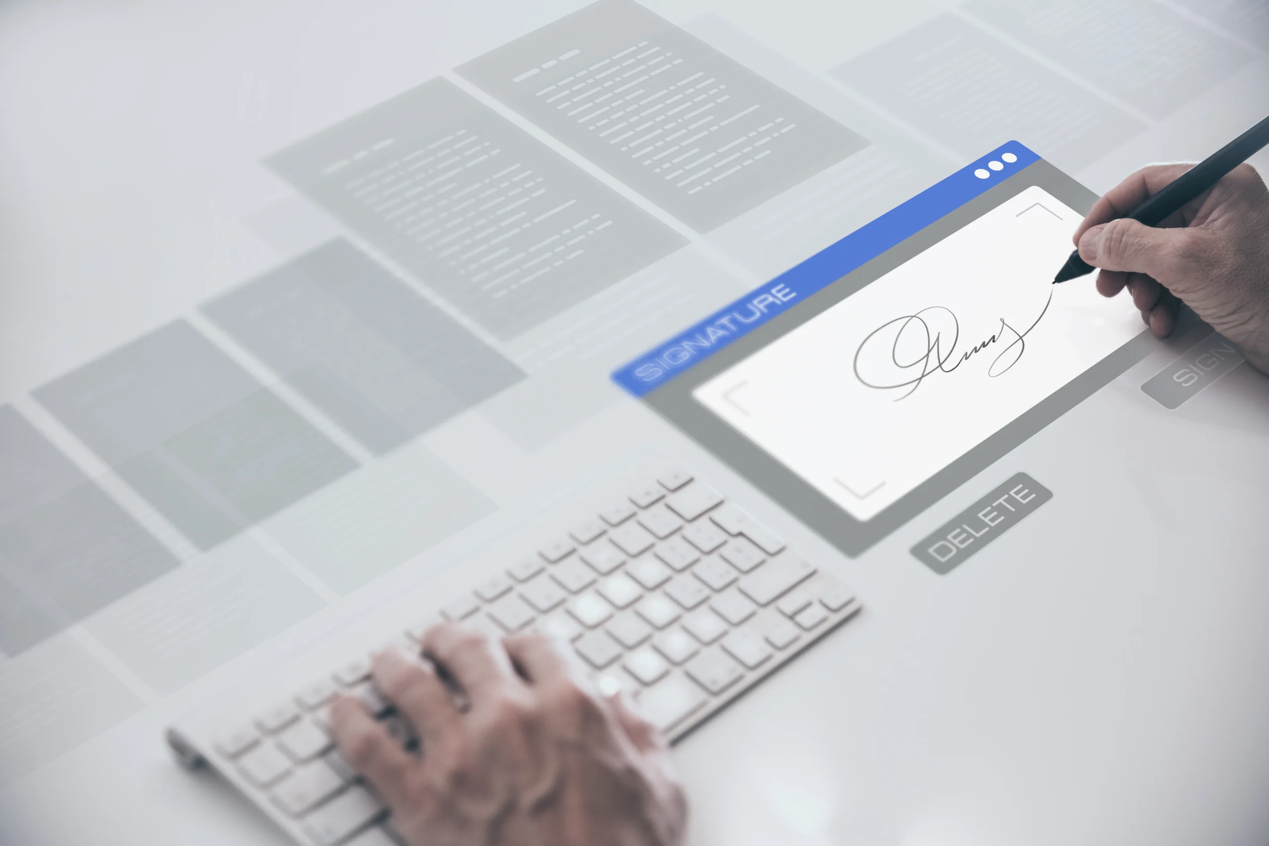 User signing documents digitally using Electronic Signature Apps on a virtual interface, showcasing fast, secure digital signature technology.