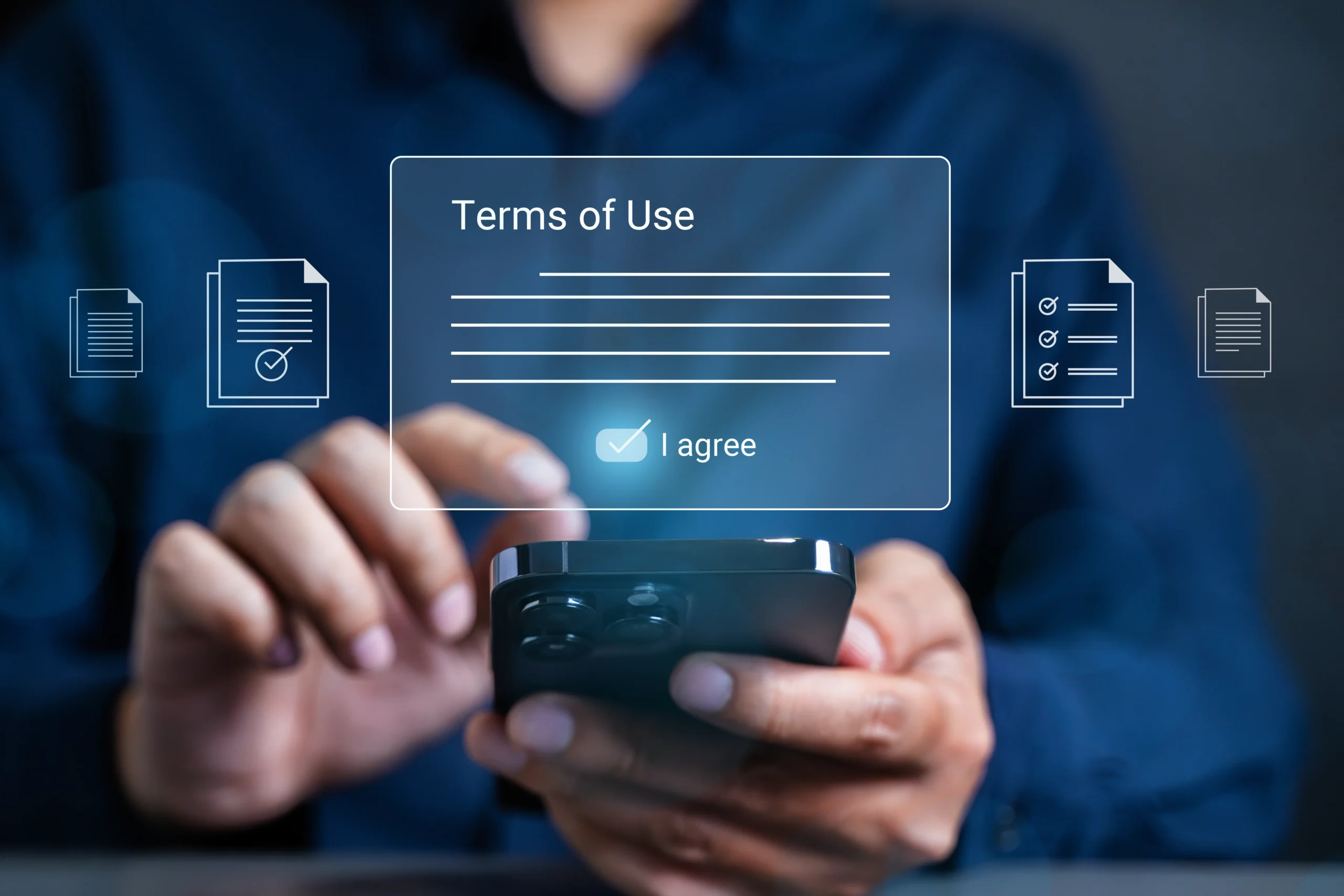User accepting terms of use on a smartphone interface, demonstrating secure agreement workflows with Electronic Signature Apps for fast digital document approval.