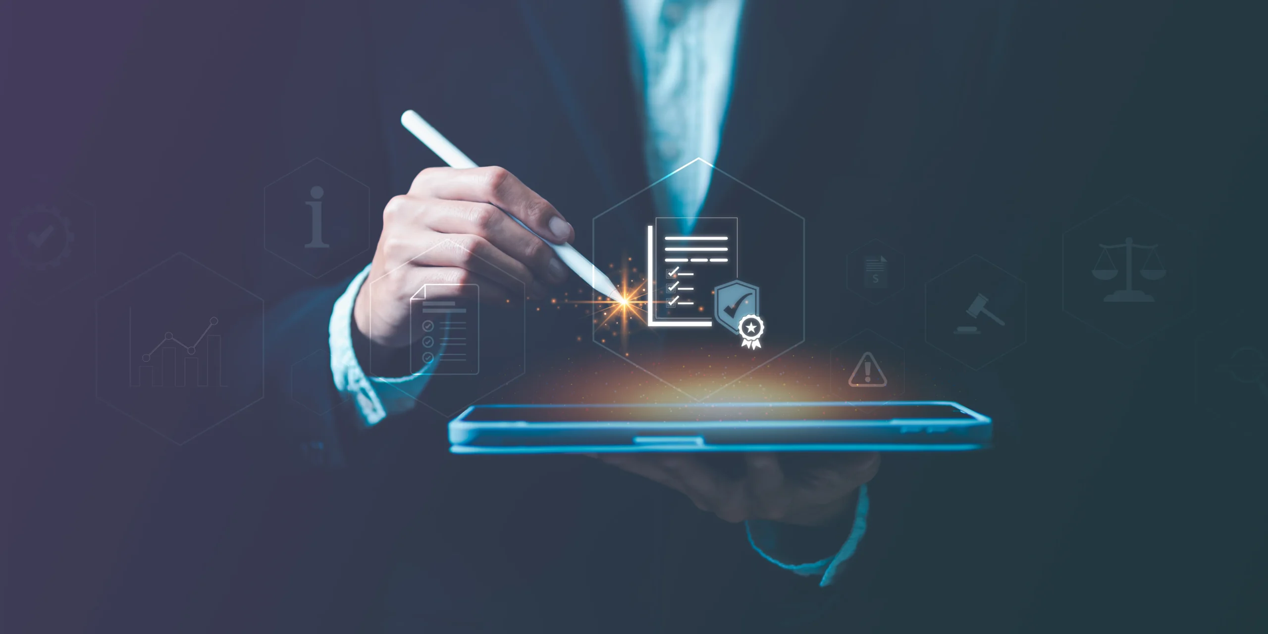 Business professional using digital pen on futuristic tablet with holographic document management interface showing checklists, files, and verification symbols