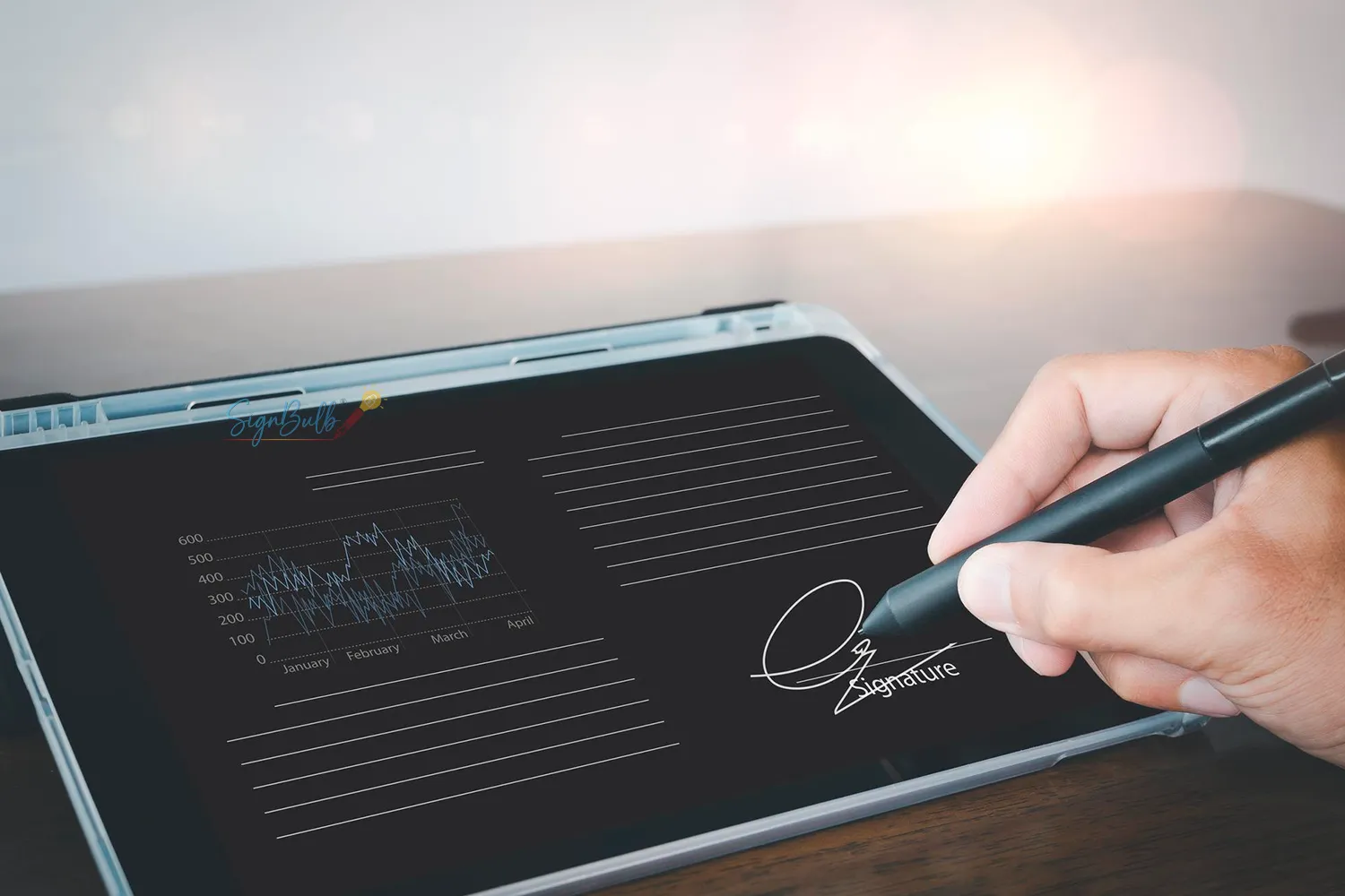 Professional signing a business report digitally using electronic signature software to create online signature on tablet.