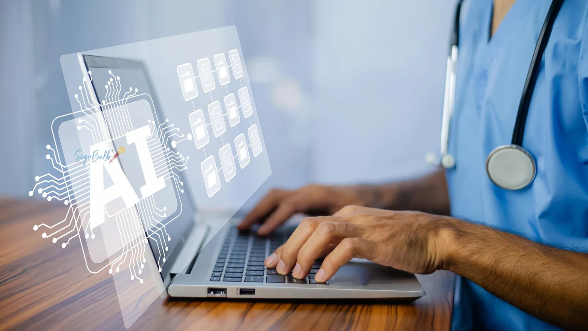 Doctor using an electronic signature app on a tablet in a healthcare environment