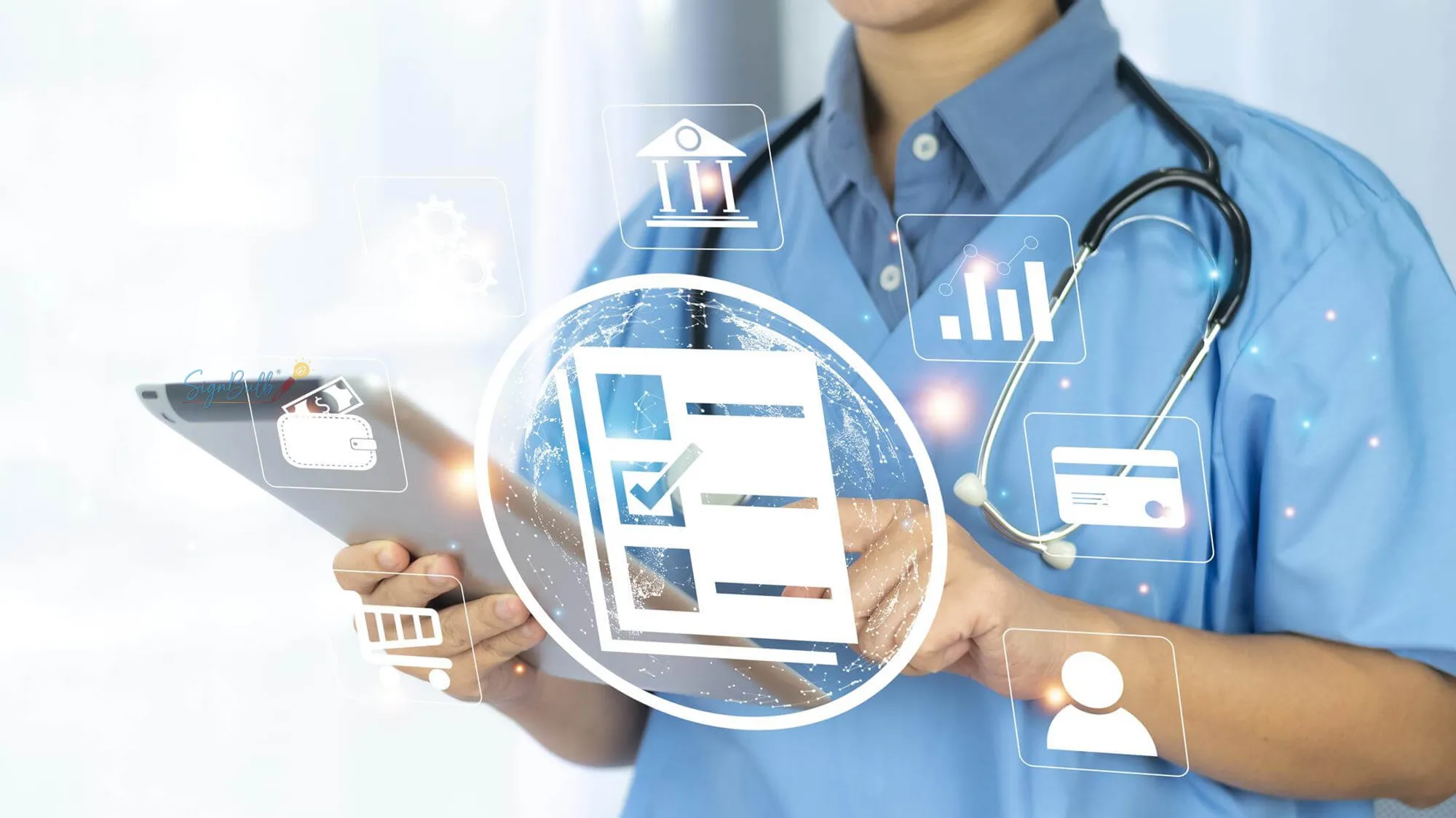 Doctor using an electronic signature app on a tablet in a healthcare environment