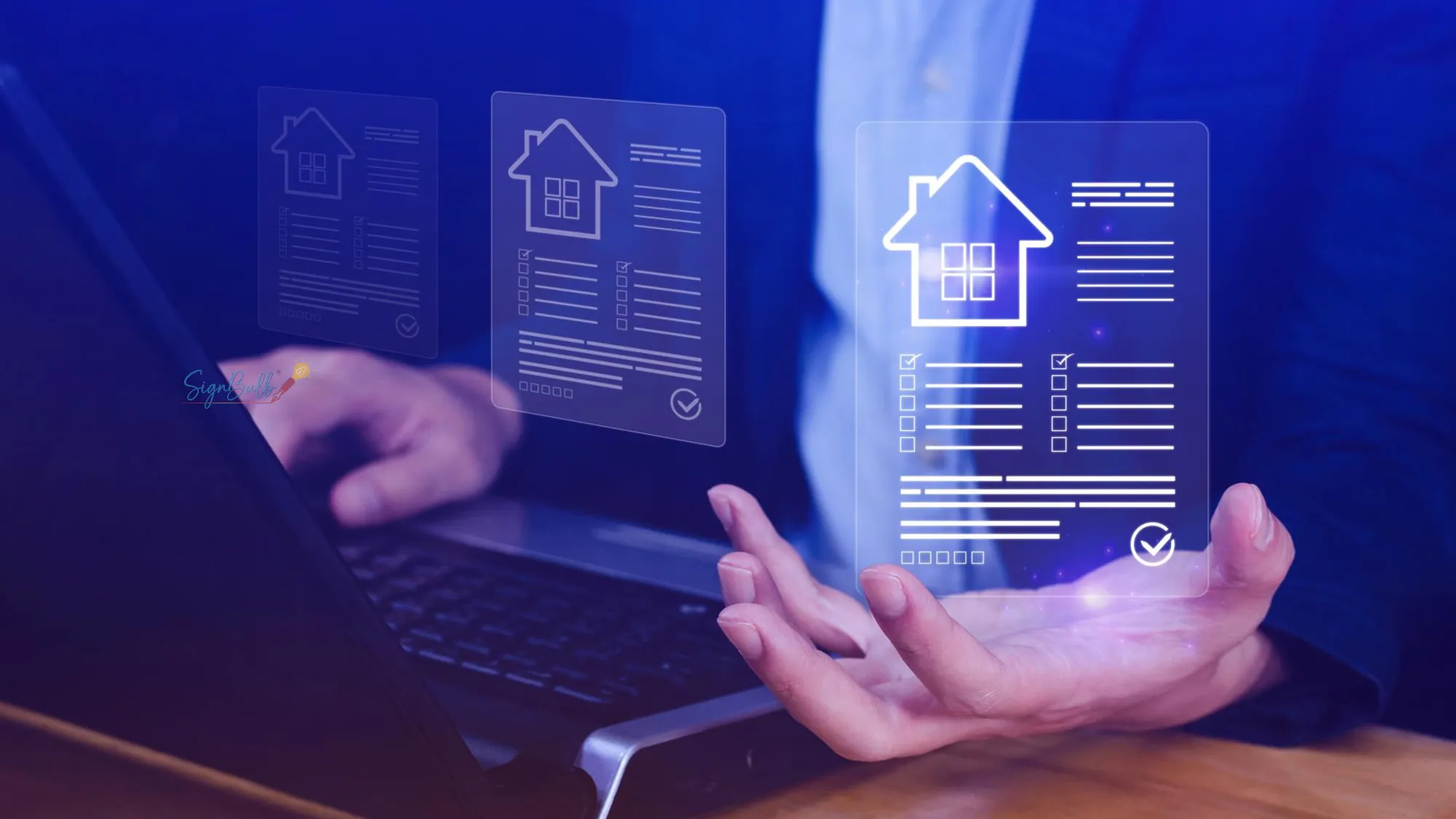 Agent reviewing property documents with a secure electronic signature using an e signature app, highlighting a reliable e signature tool and eSignature free service for real estate workflows.