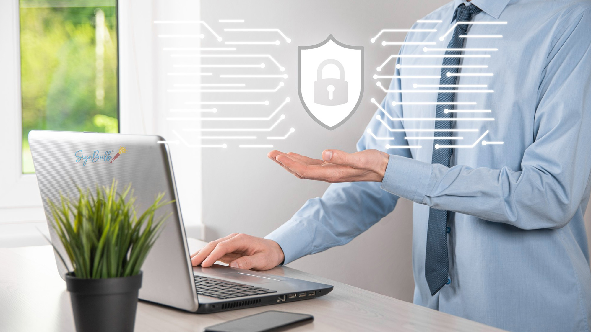 Secure eSignature service for financial agreements showing encrypted digital signature process on laptop with fraud protection icon