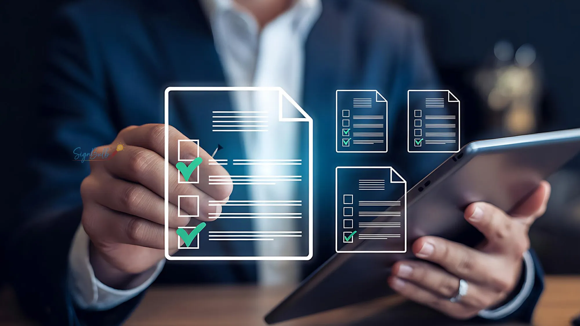 Businessman completing secure digital agreement on tablet showcasing eSignature market growth and digital signature trends 2026