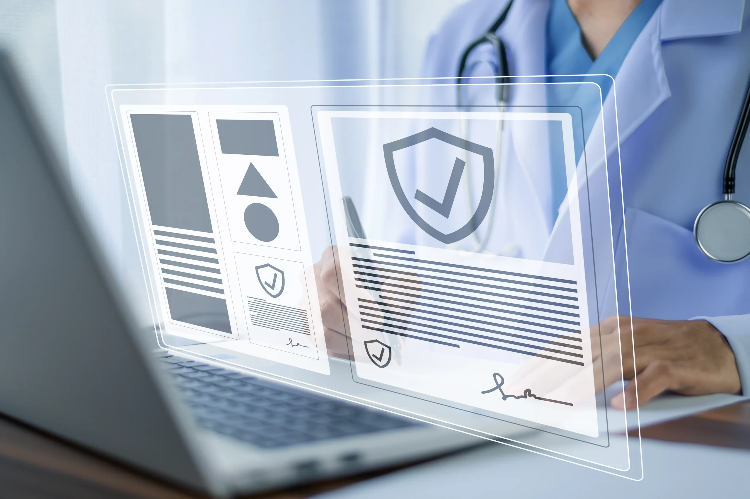 Doctor using laptop for HIPAA compliant eSignature software and secure document signing for multi-location hospitals.