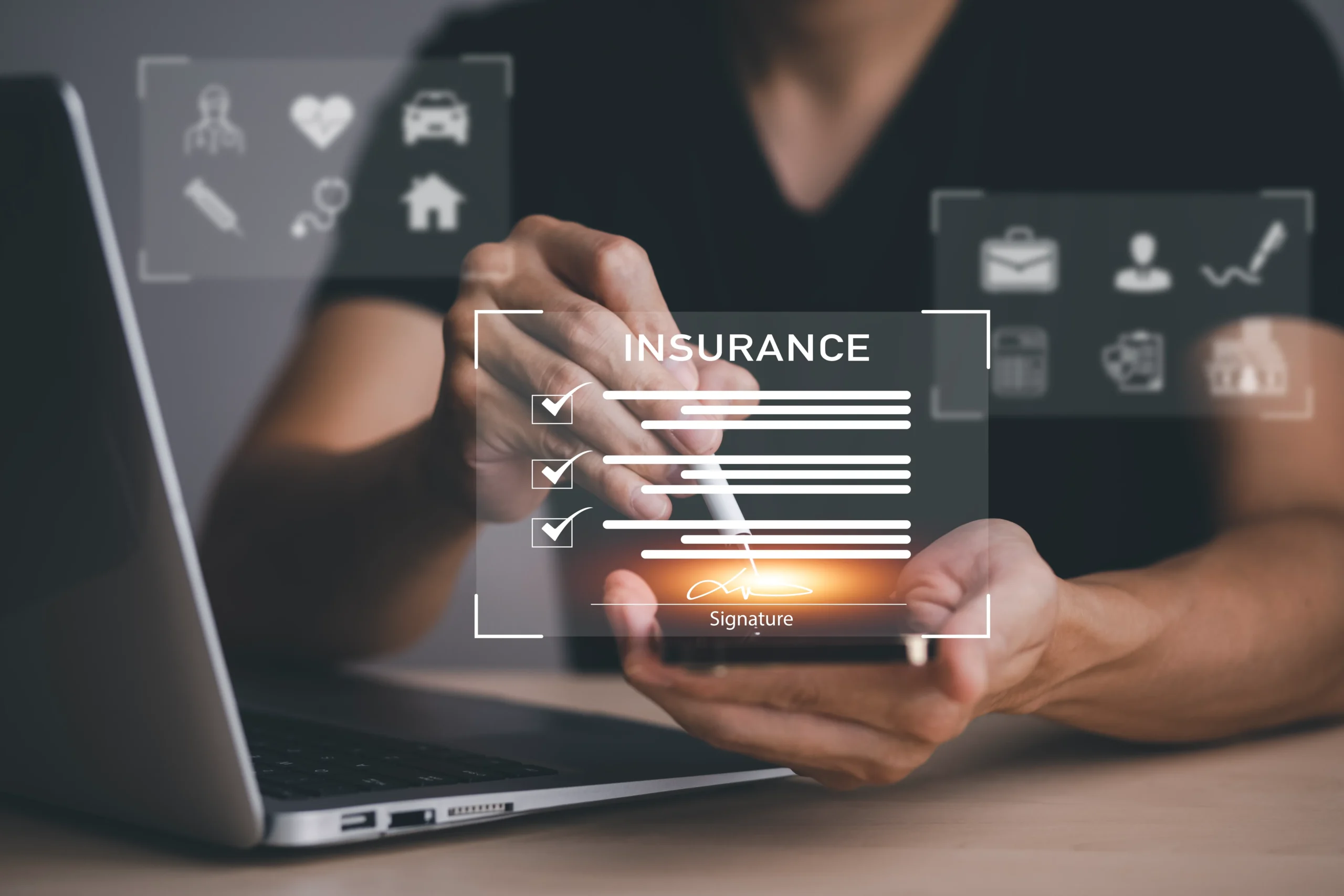 Person signing a digital insurance document on a smartphone with electronic signature interface and checklist