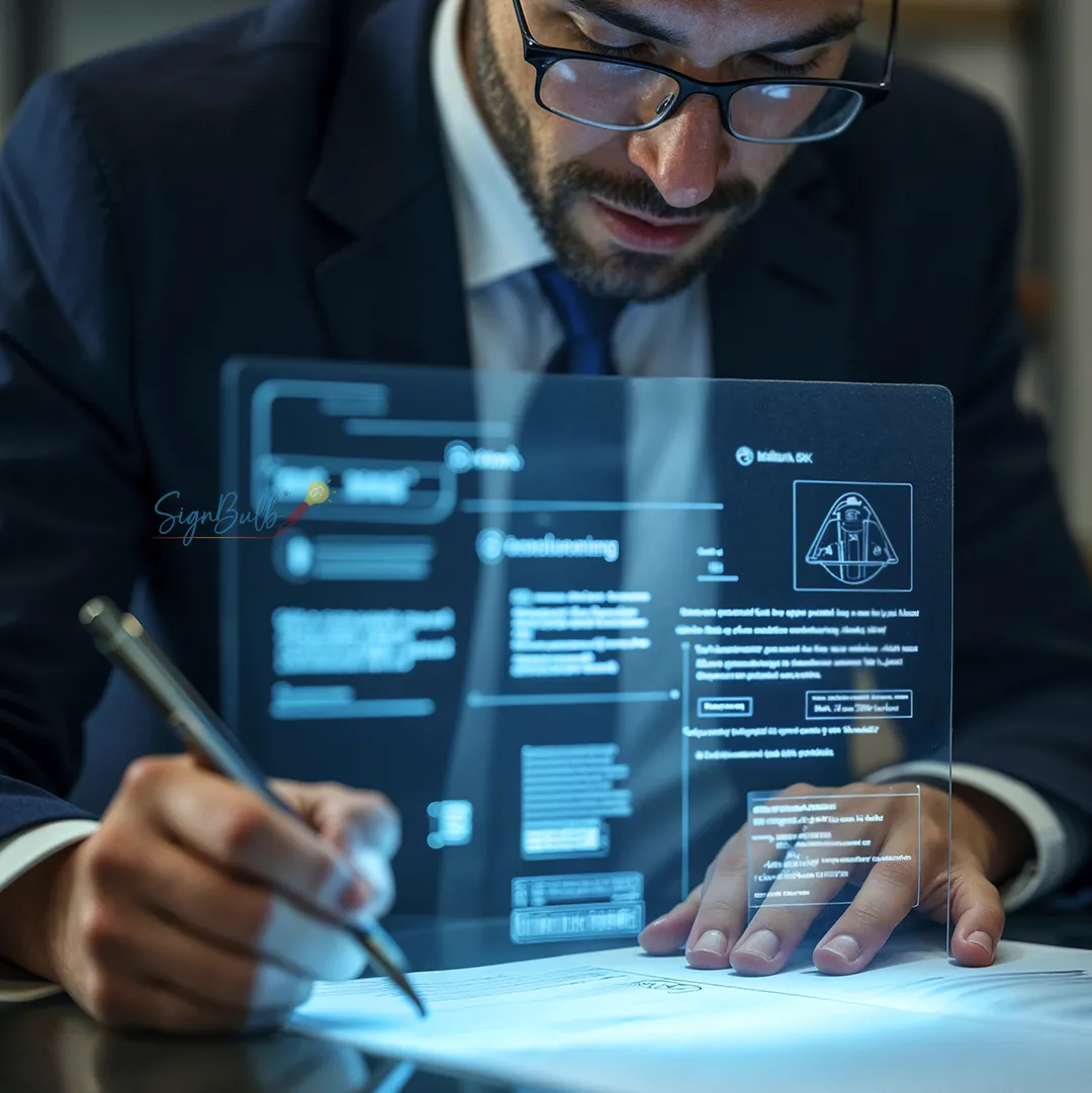 Businessperson in a suit signs a document as a glowing, transparent digital interface with charts and text hovers in front of them.