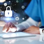 Healthcare professional using tablet with security icon, showing HIPAA compliant eSignature software for secure online document signing.