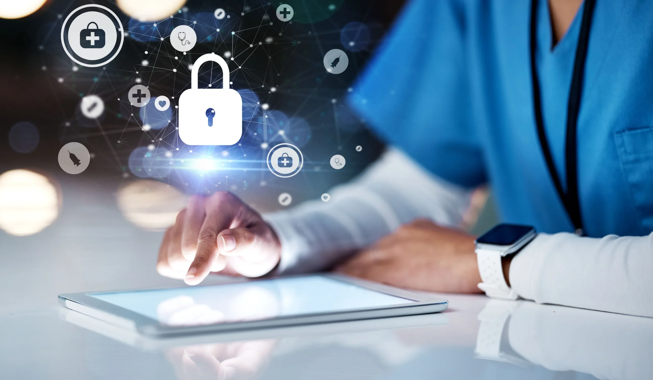 Healthcare professional using tablet with security icon, showing HIPAA compliant eSignature software for secure online document signing.
