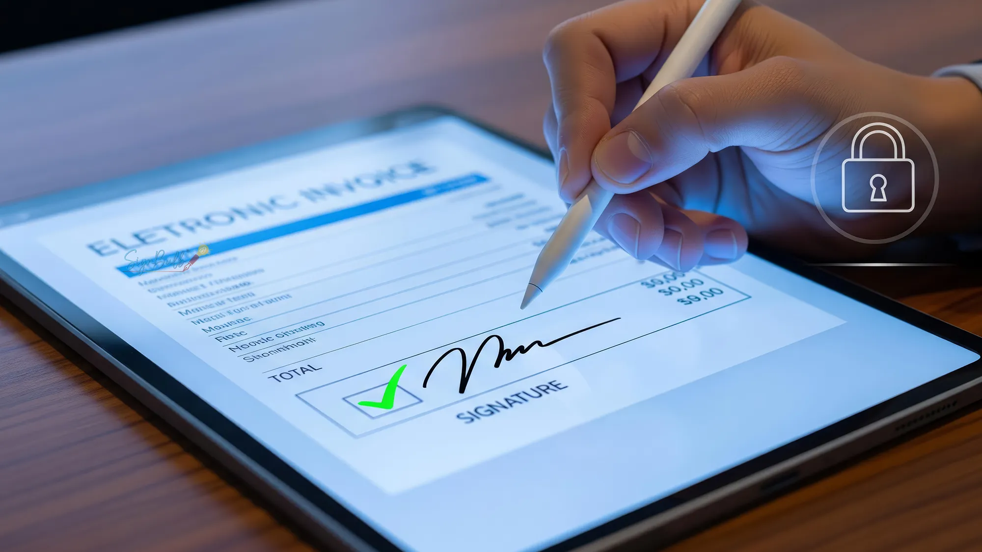 Person using a digital pen tablet with e signature software and e signature tools for secure document signing software in business workflow.