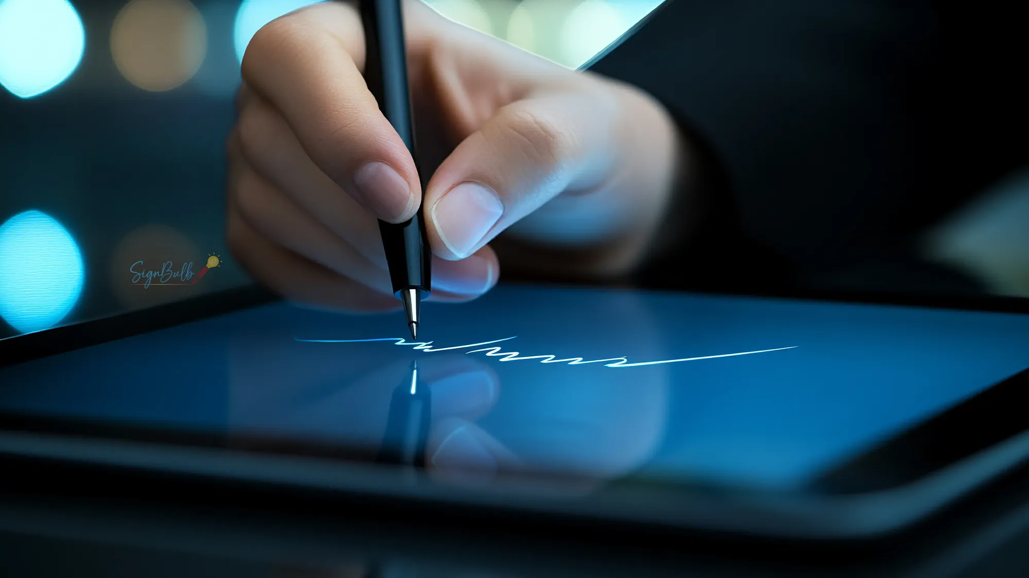SignBulb eSignature solution showing digital signature on tablet with stylus for secure and fast document signing.