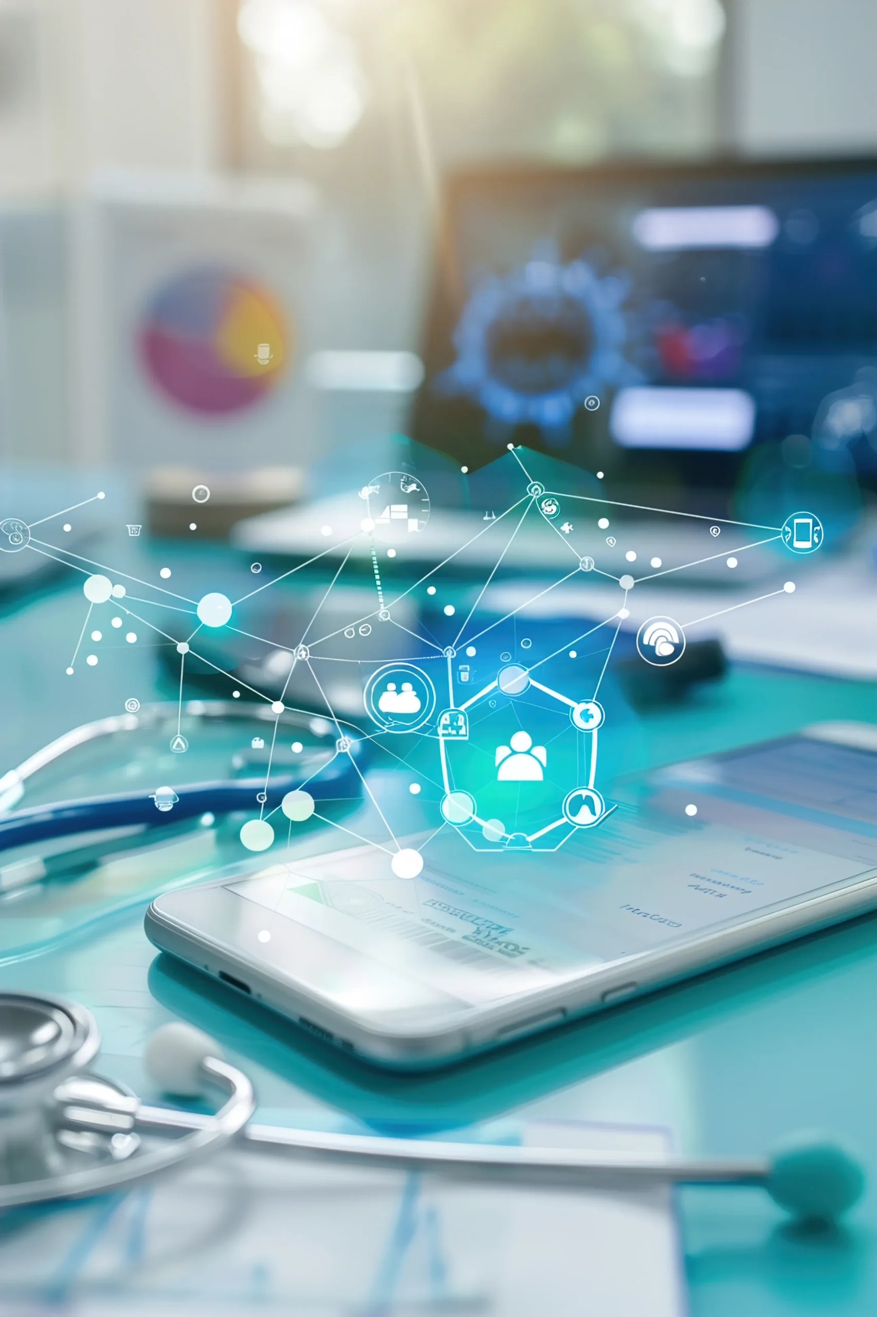 Digital healthcare workspace with connected icons, representing secure eSignature software and a HIPAA compliant document signing solution.