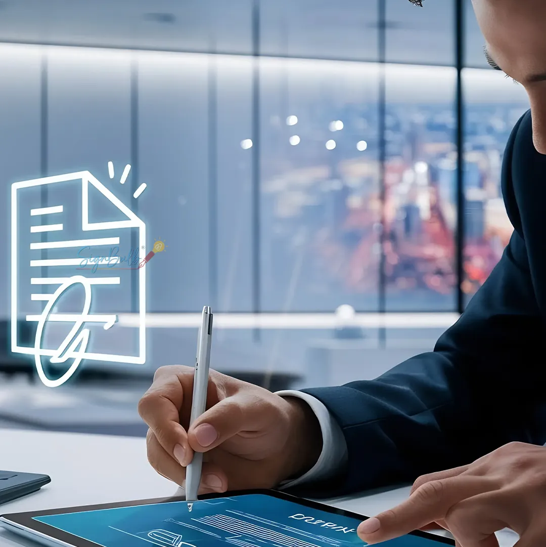 Professional using SignBulb eSignature app on tablet while working on laptop for seamless digital document signing.