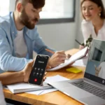 Hybrid meeting with video call, using an e signature app for business to sign documents online securely.