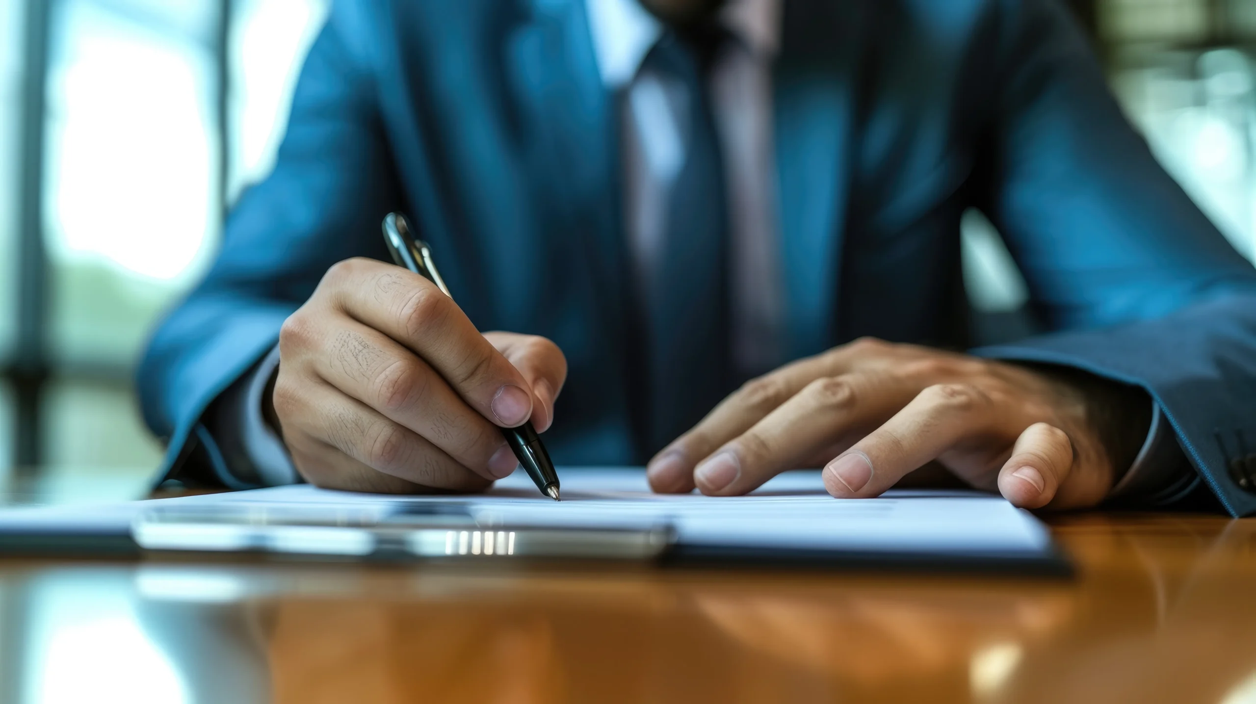 A businessman in a suit signing a sales paper document on a clipboard, highlighting the traditional process that modern digital contract management aims to replace.