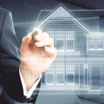 A digital blueprint of a house representing the modern transition to an electronic signature for real estate using innovative e-signature apps.