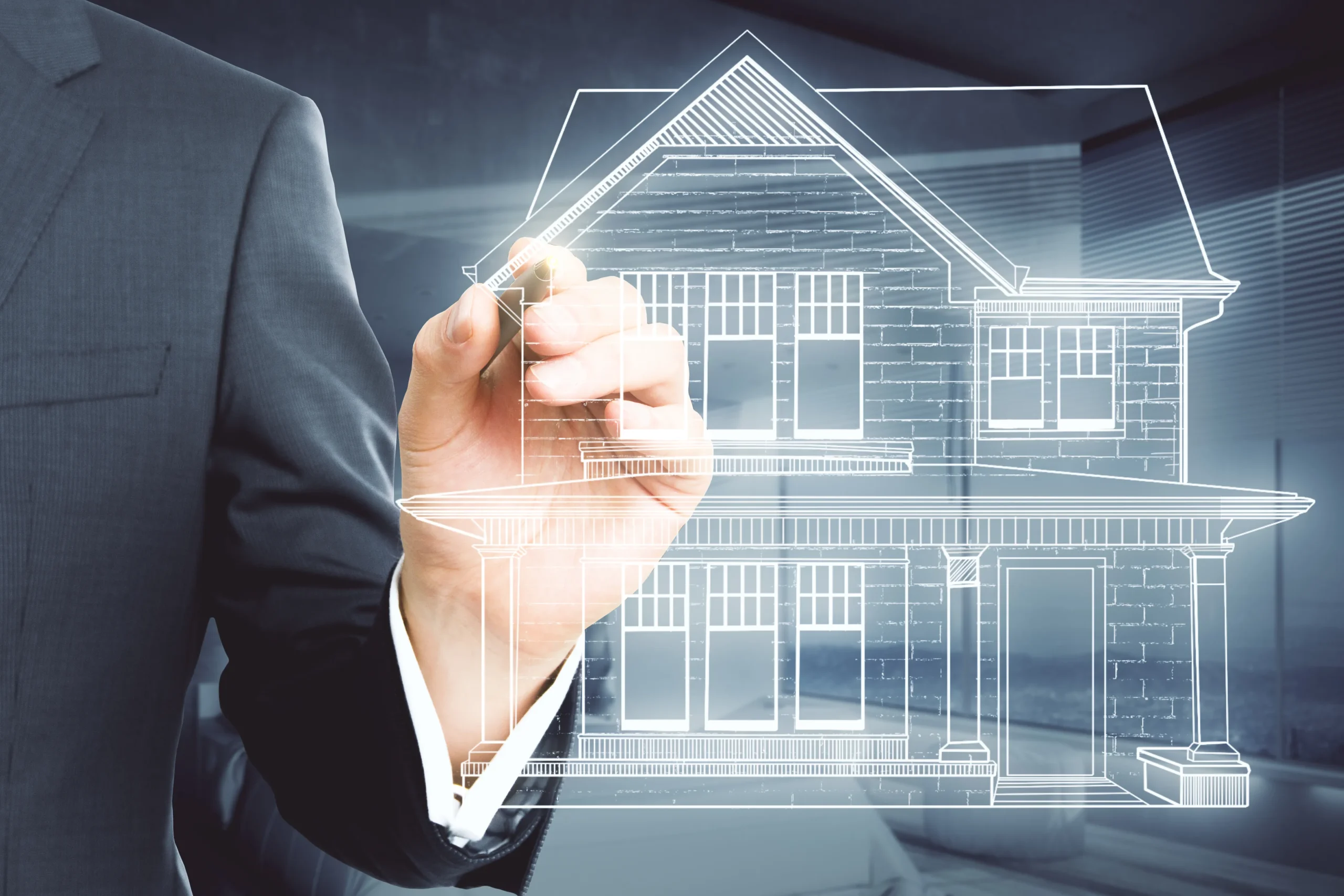 A digital blueprint of a house representing the modern transition to an electronic signature for real estate using innovative e-signature apps.