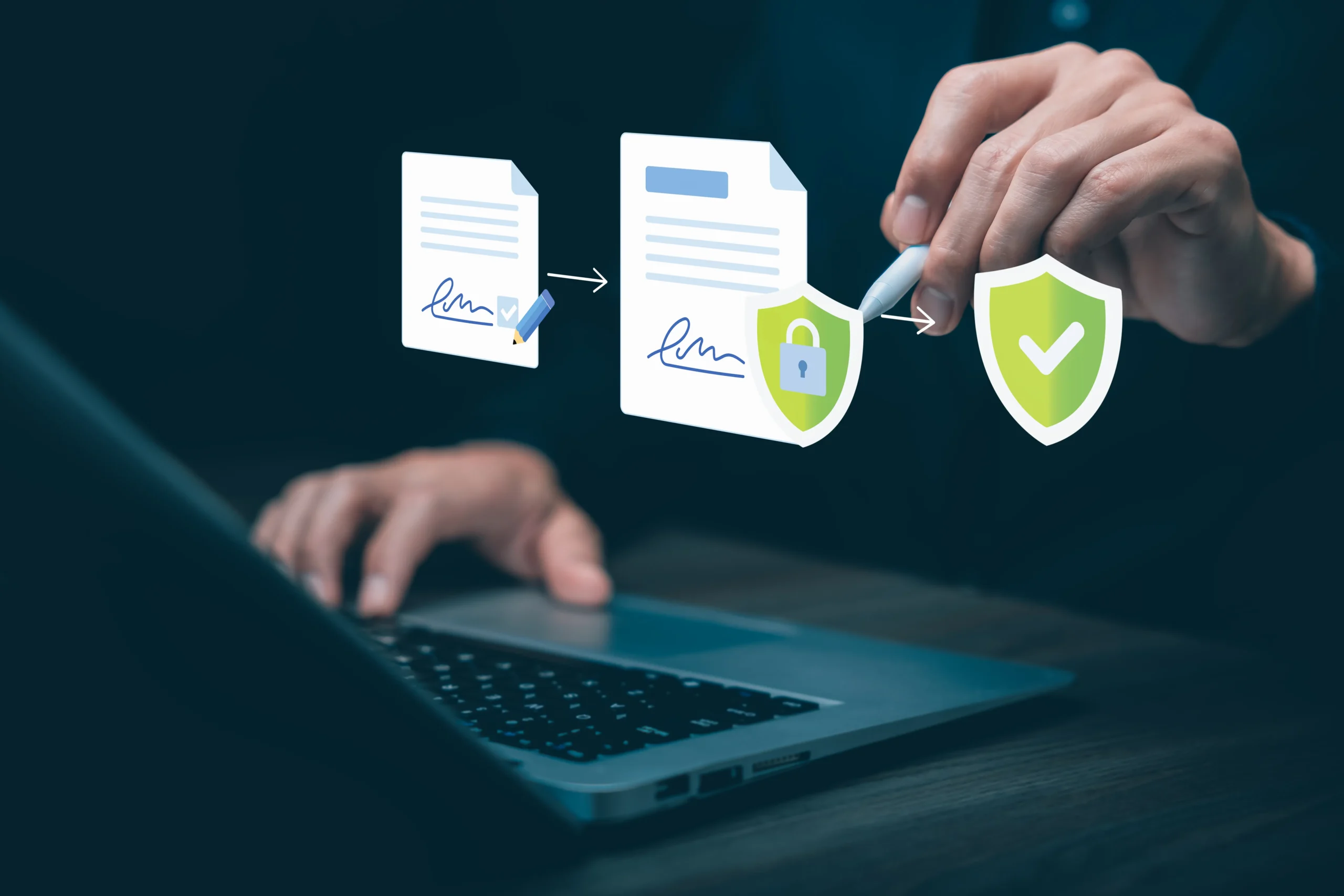 A professional using a stylus pen to execute a digital contract on a virtual screen interface, showcasing a modern HIPAA compliant eSignature.