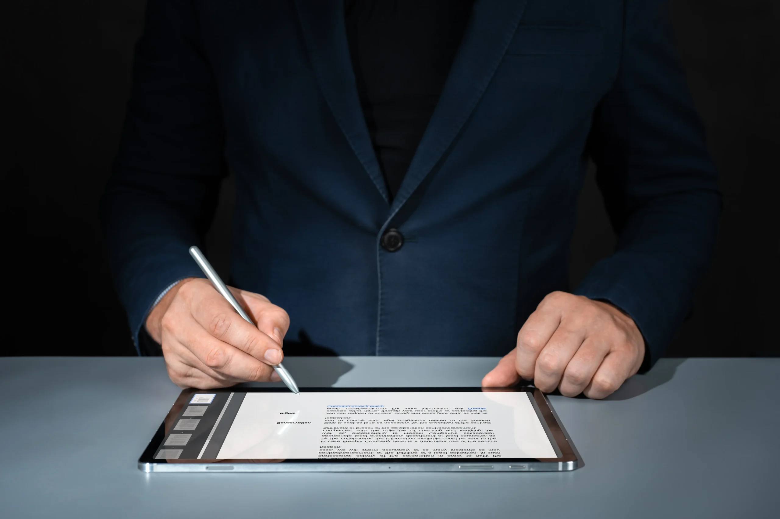 Businessman using a stylus on a tablet for digital contract signing to close deals faster.