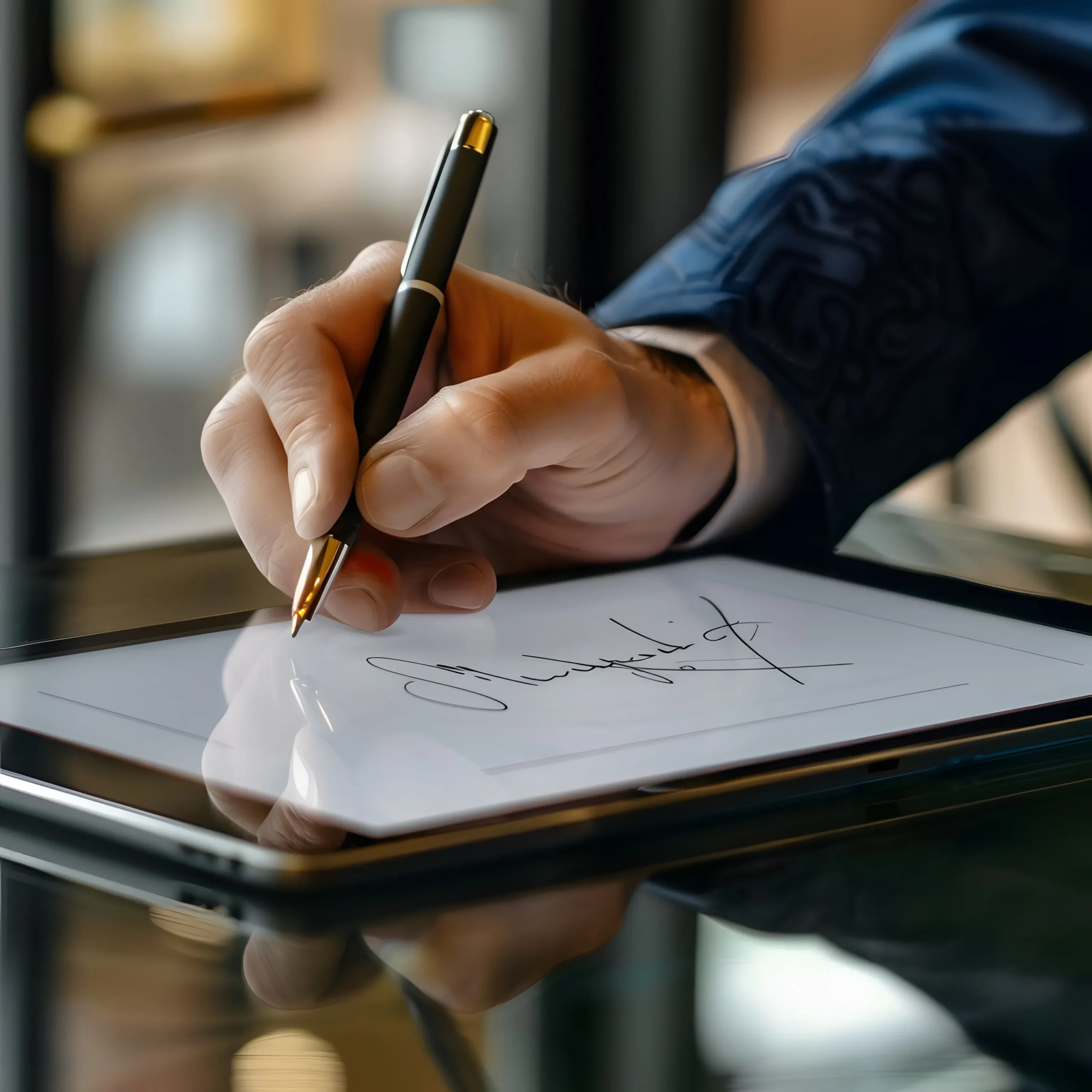Close-up of a hand signing a document on a tablet, showcasing modern eSignature security and compliance.