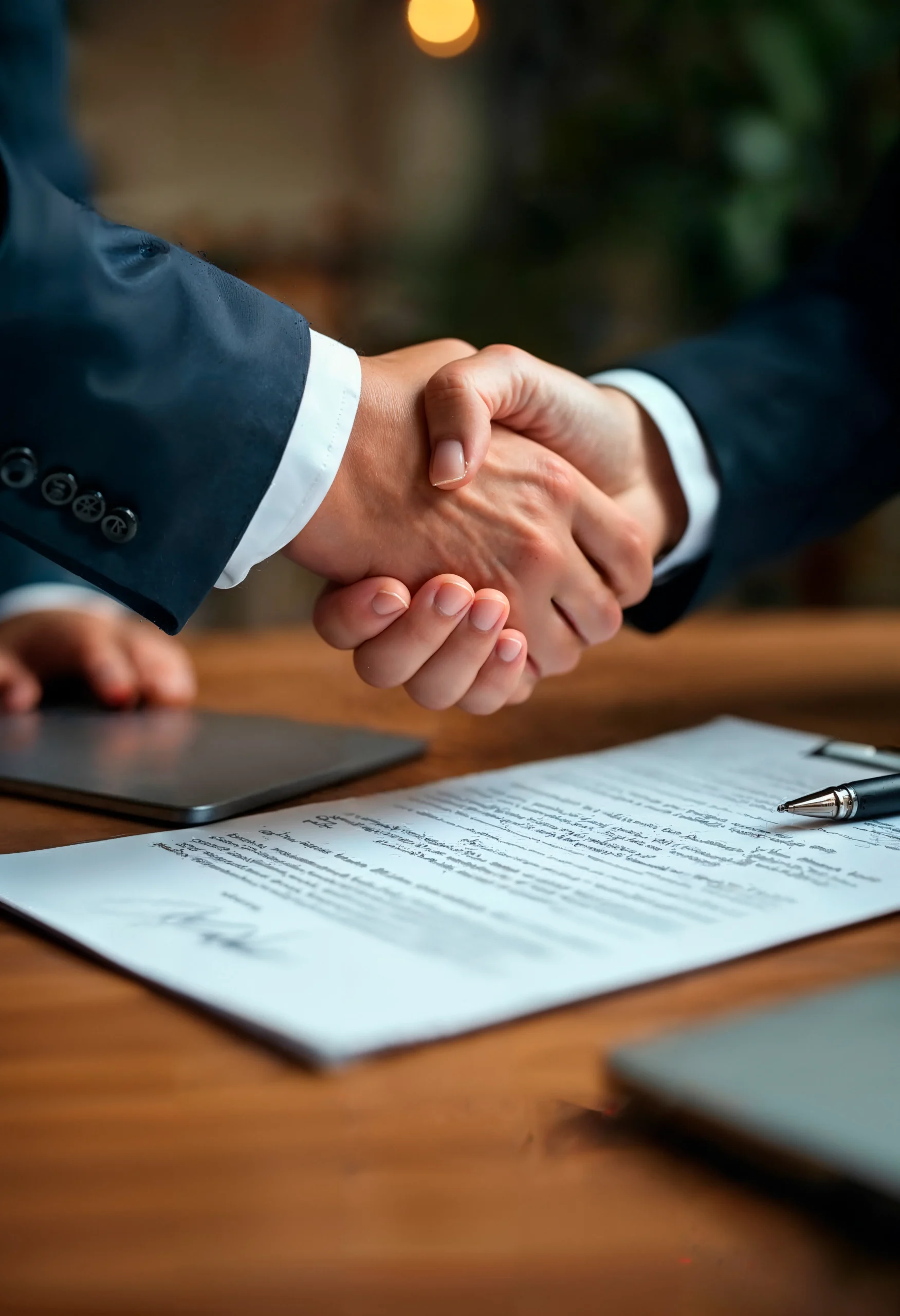 A close-up of a handshake over a legal agreement, representing successful and timely sales contract management.