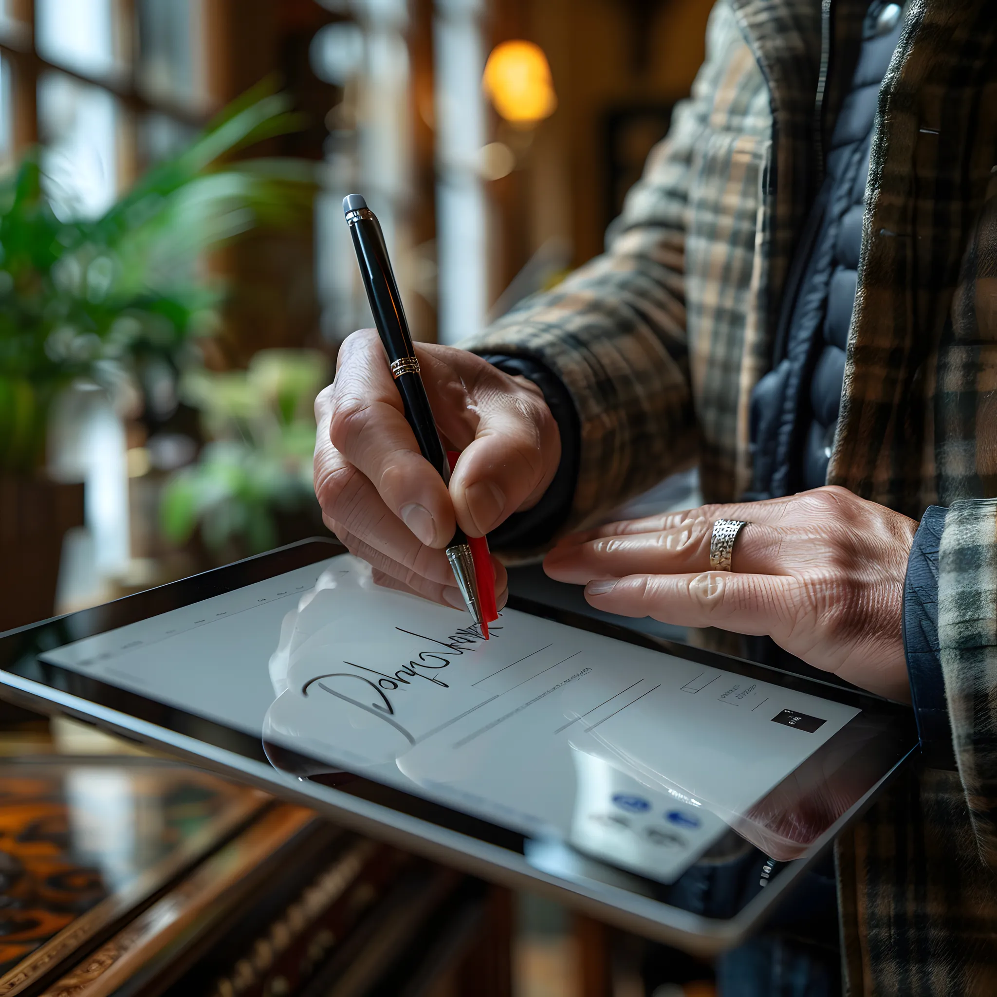 A close-up of a person using a stylus to write a digital signature on a tablet, showcasing a reliable e signature for small business operations.
