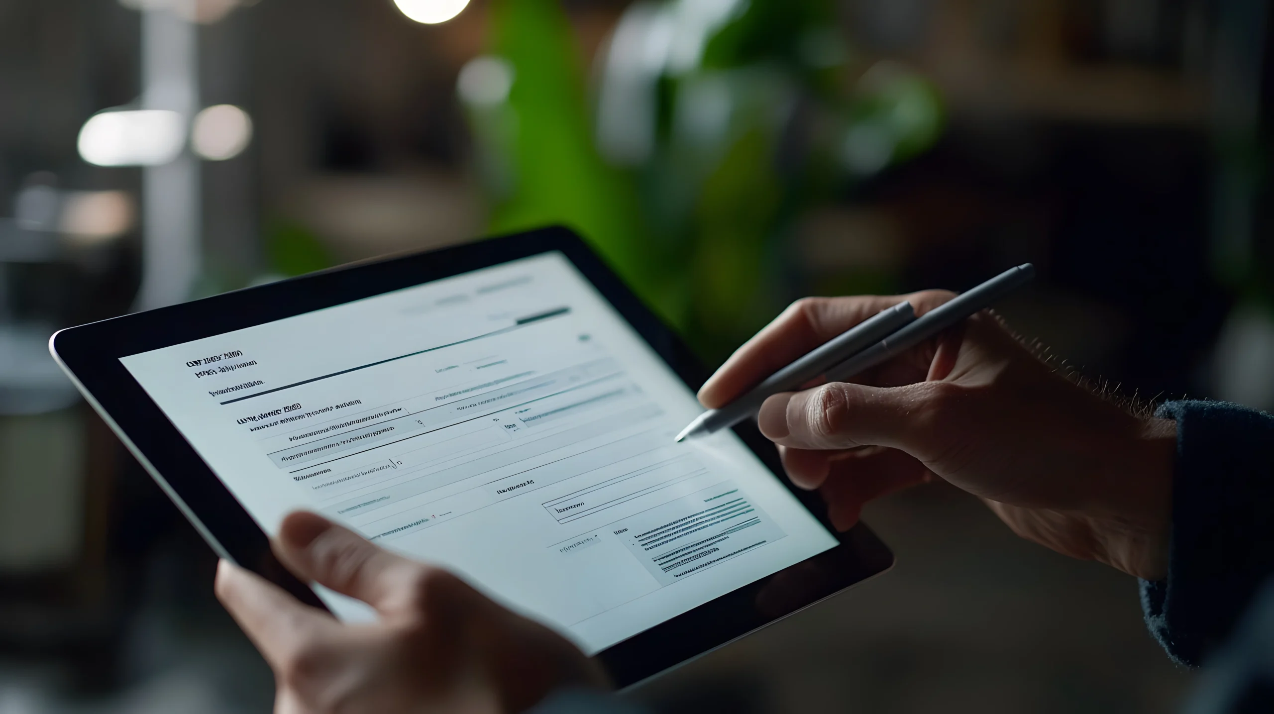 A close-up of hands using a stylus pen on a tablet to fill out a digital form, illustrating a streamlined digital contract signing process.