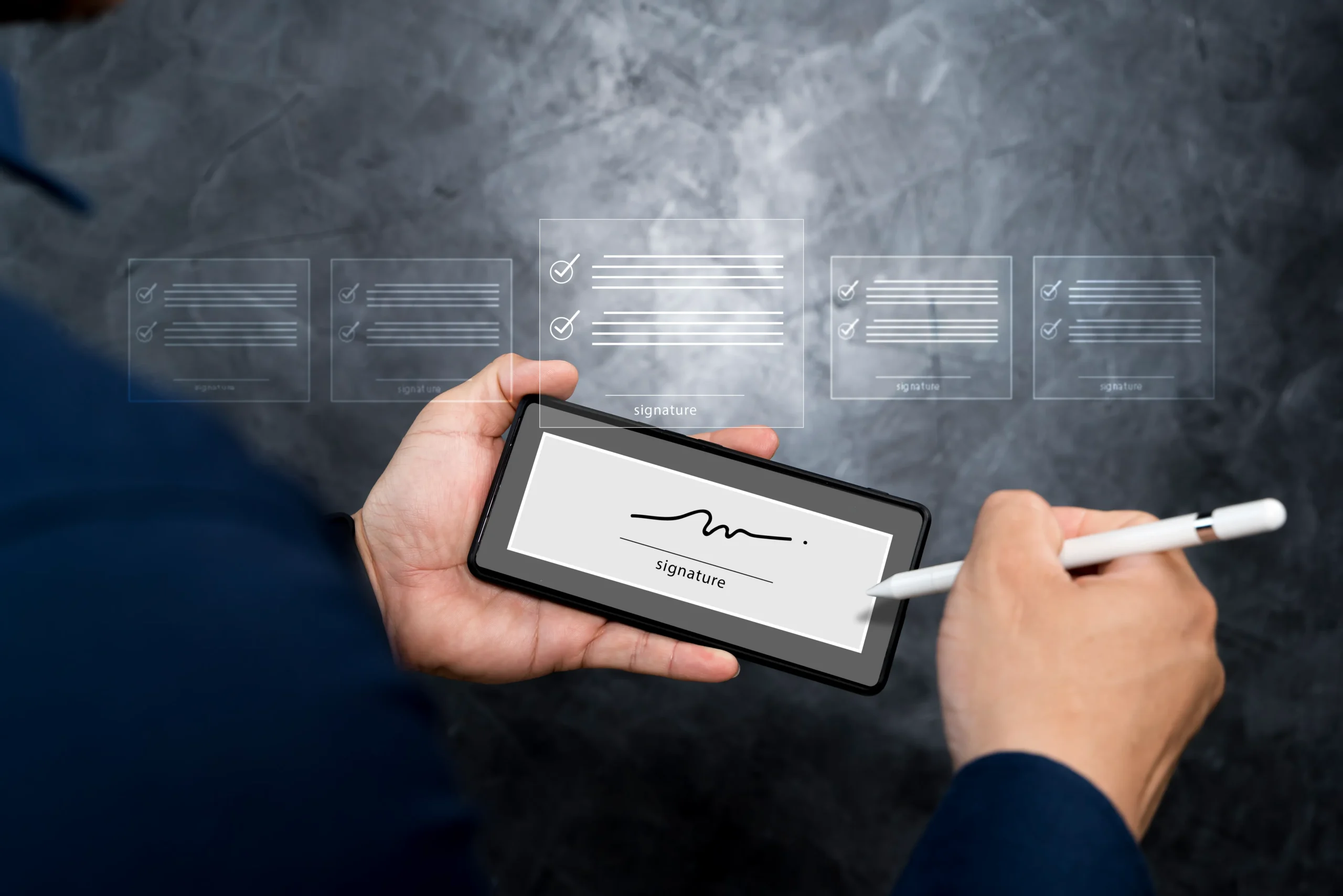 A person using a stylus on a smartphone to sign a digital document, demonstrating secure e signatures with floating contract icons in the background.