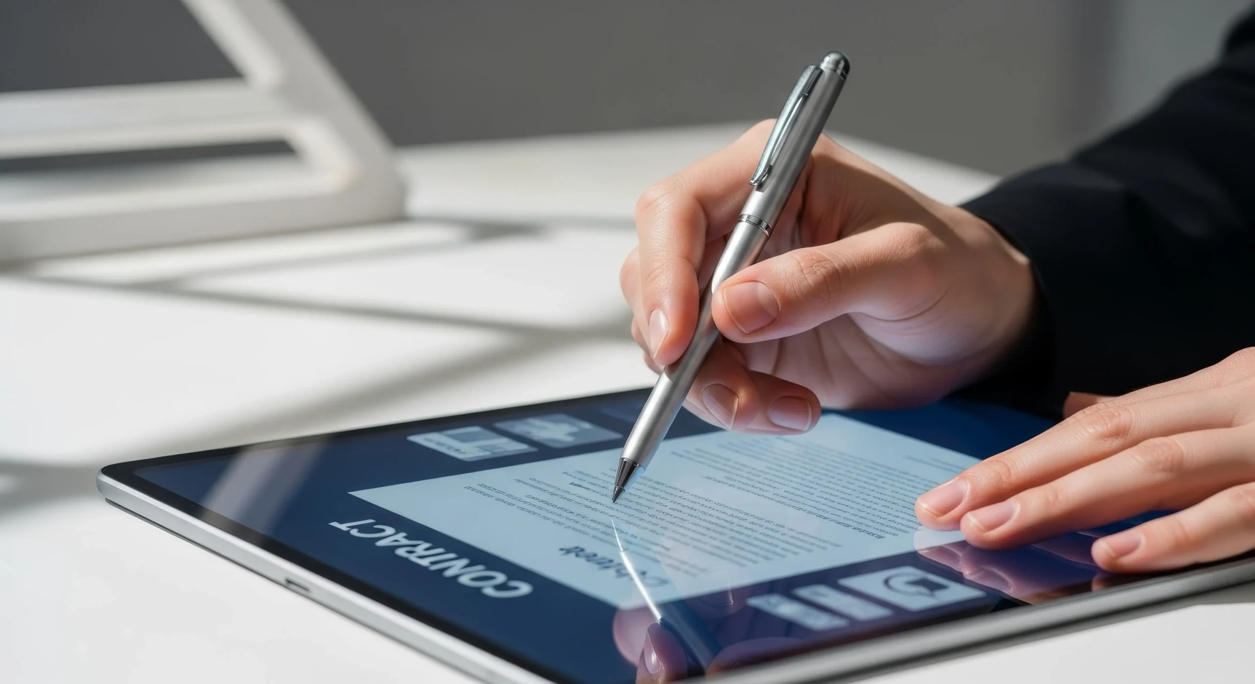 A close-up of a professional signing a digital contract labeled 