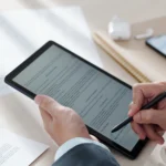 Businessman using a digital signature app and electronic signature app on a tablet.
