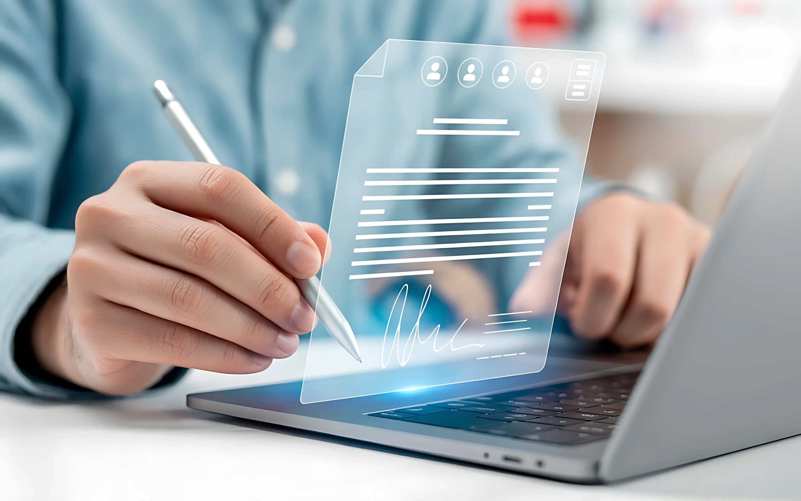A close-up of a user using a silver stylus over a laptop keyboard to complete a secure digital signature on a glowing virtual contract icon, demonstrating the integration of the Best eSignature API for businesses.