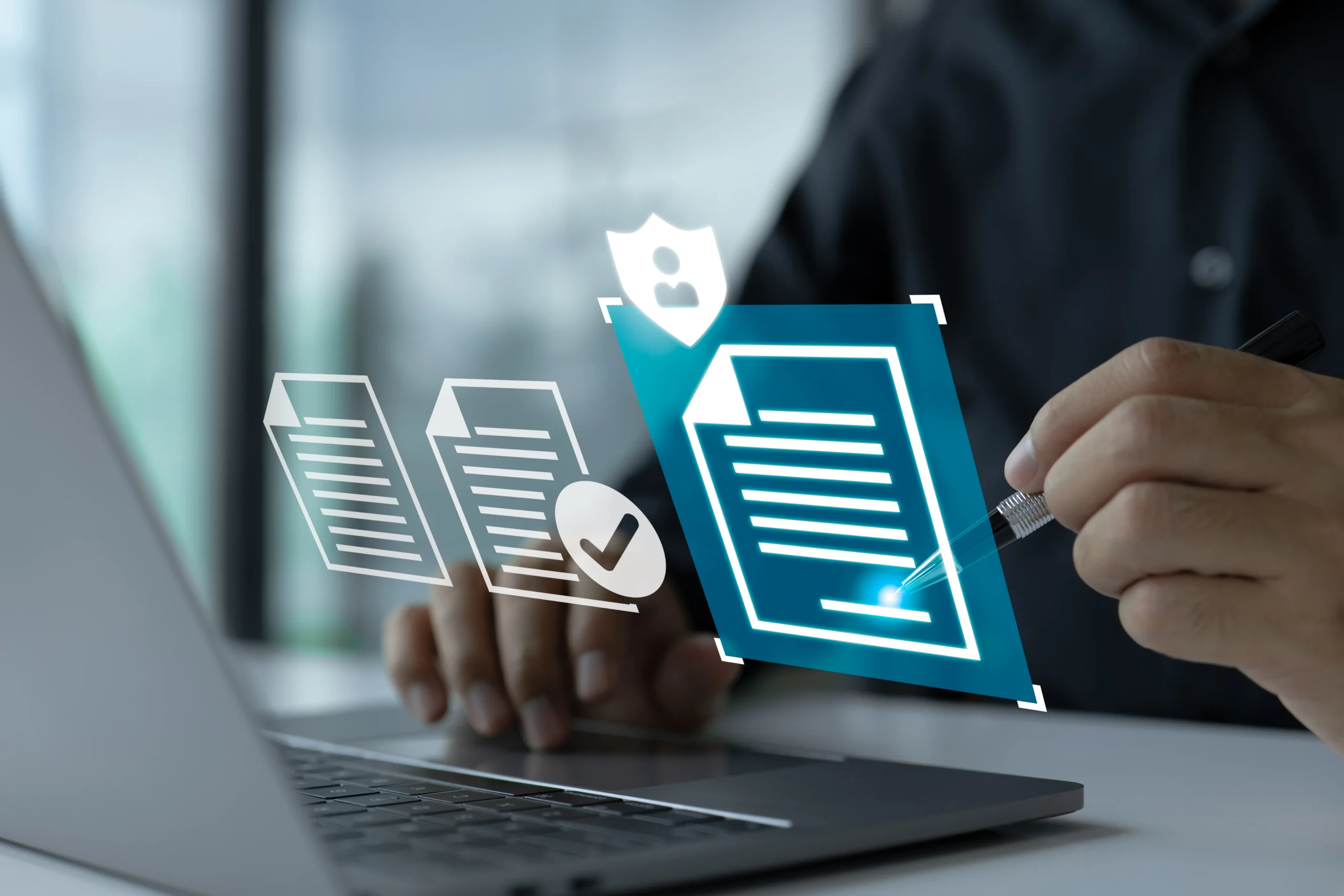 A businessman securely reviewing and signing electronic documents on a laptop screen, demonstrating the features of modern HelloSign alternatives.