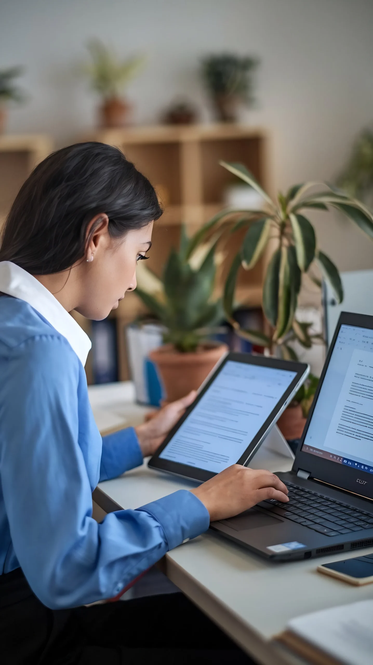 A procurement professional working at her desk with a laptop and tablet, reviewing vendor agreements on an eSignature Platform for Procurement.
