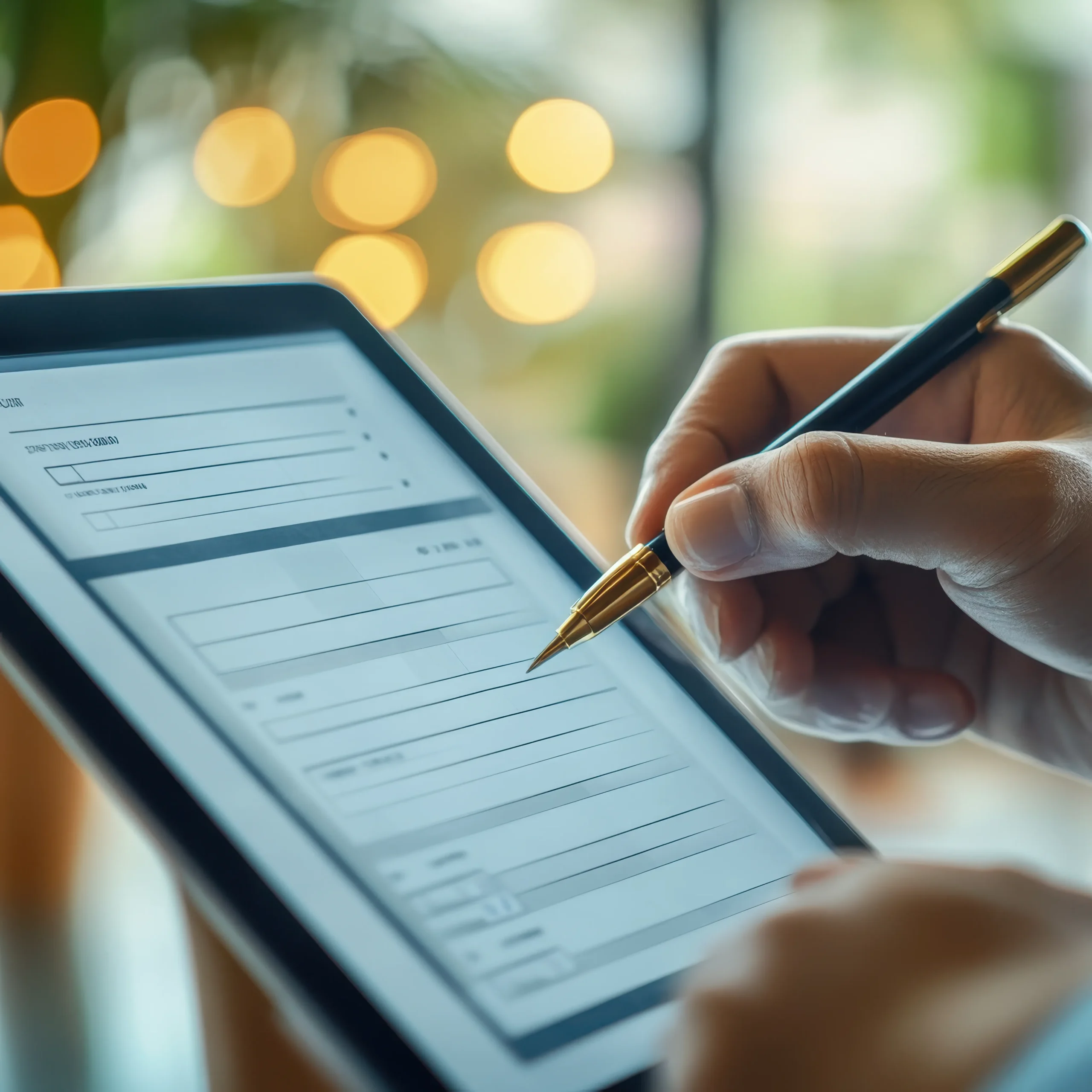 A close-up of a hand using a stylus pen to fill out a contract form on a digital tablet, illustrating an efficient eSignature solution for events.