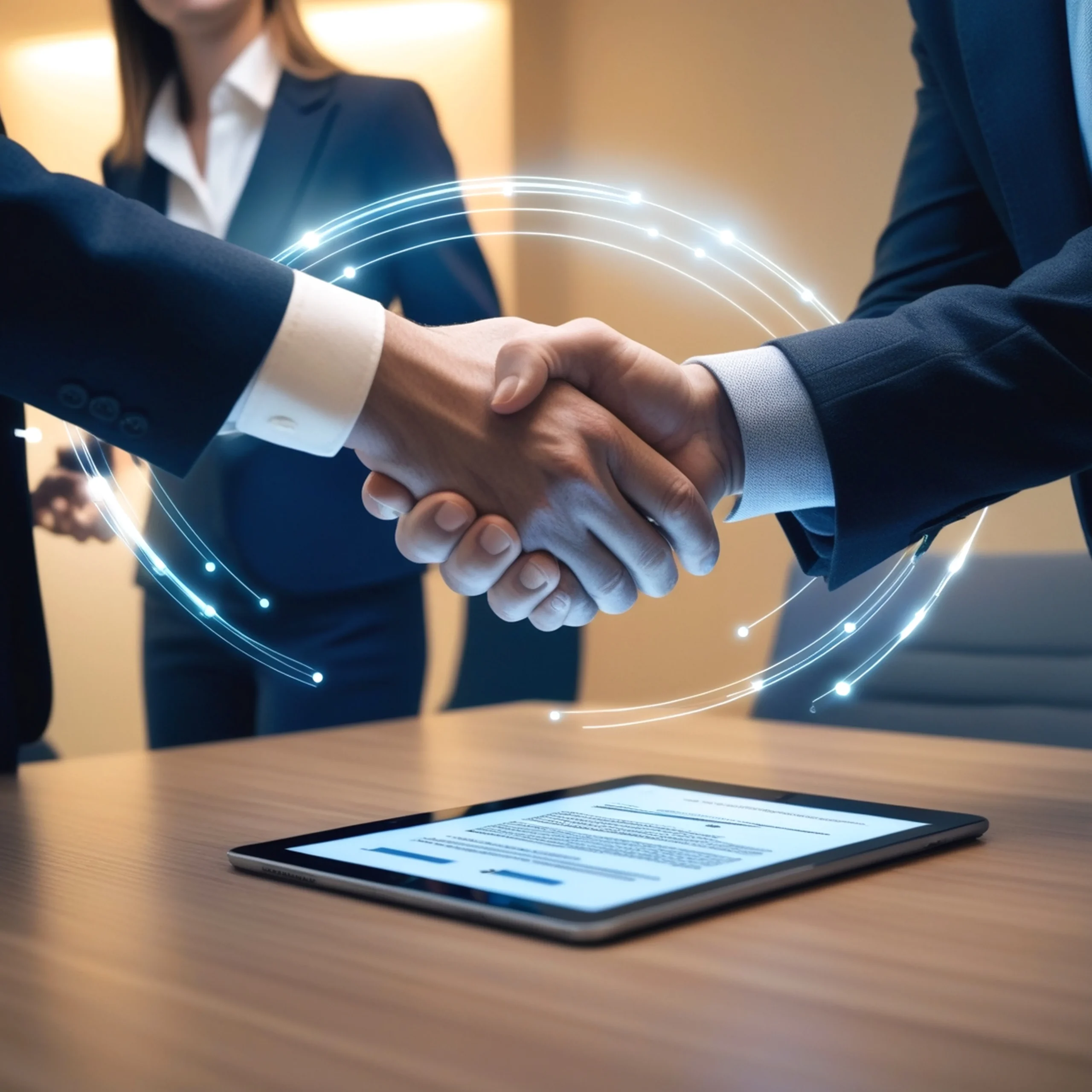 Business partners shaking hands over a tablet displaying an eSignature for Procurement.