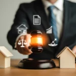 Real estate attorney holding a wooden gavel between model houses to illustrate legal compliance for eSignature for real estate.