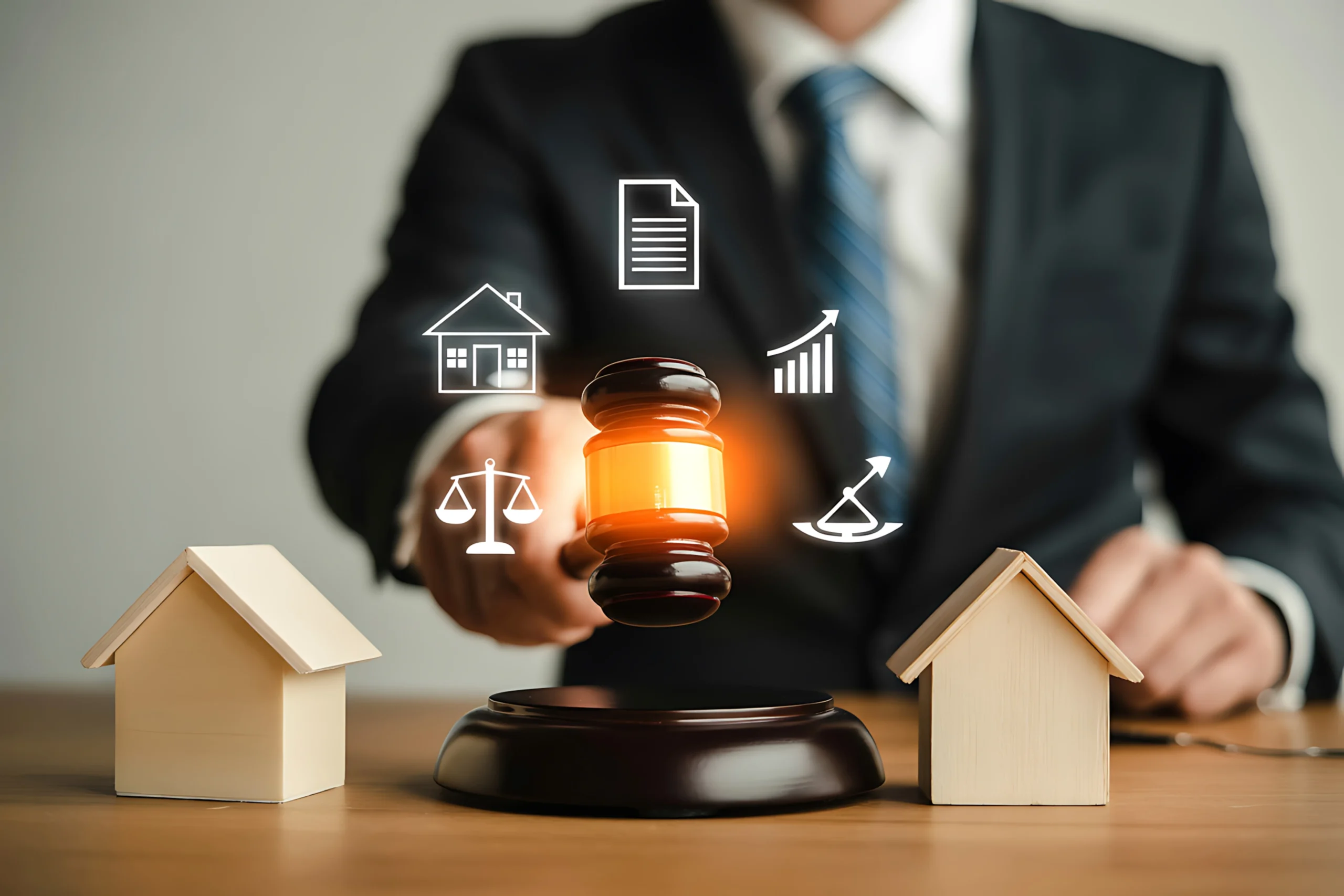 Real estate attorney holding a wooden gavel between model houses to illustrate legal compliance for eSignature for real estate.