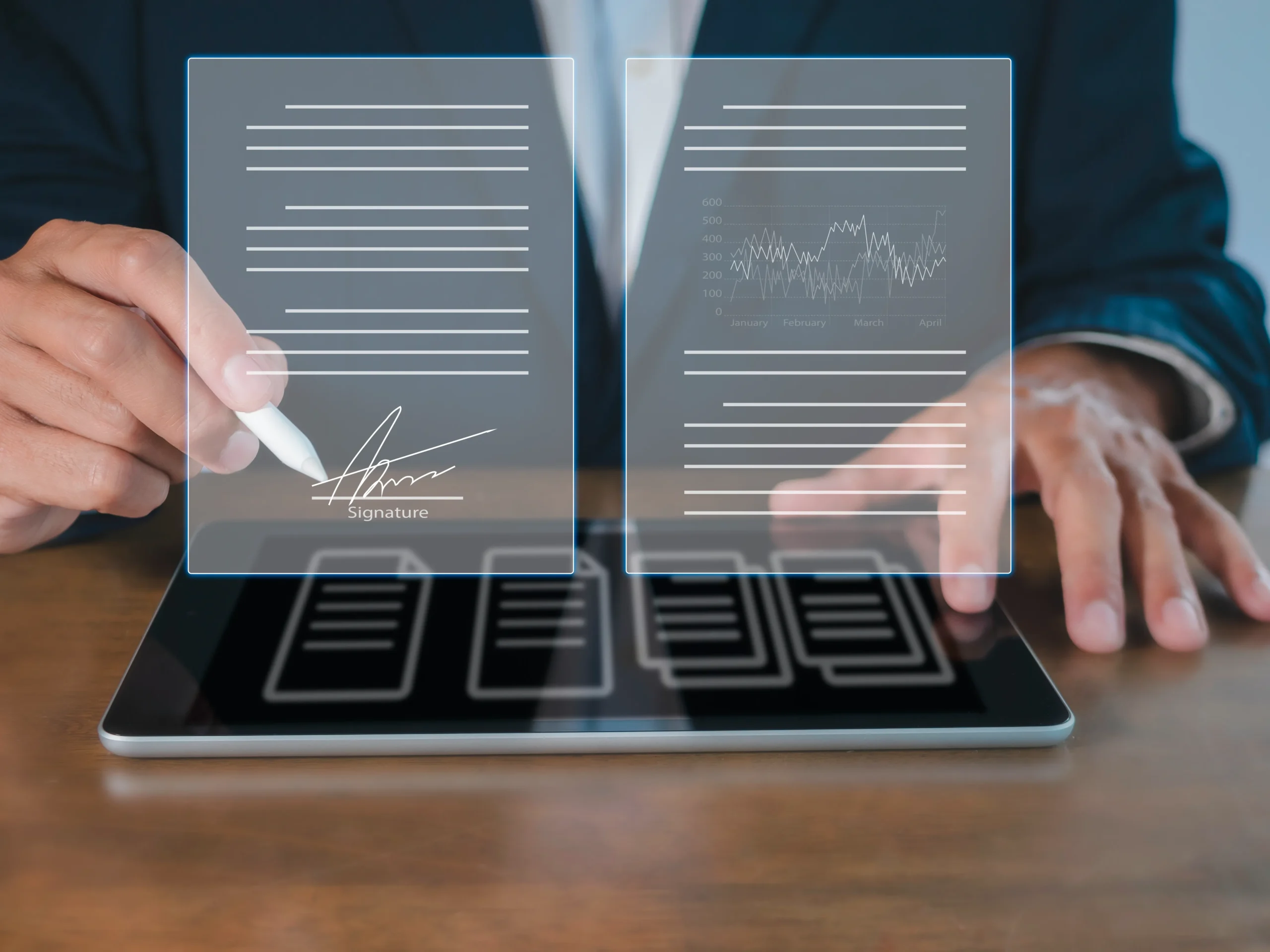 Business executive using a stylus to sign virtual contracts evaluating eSignature software cost.