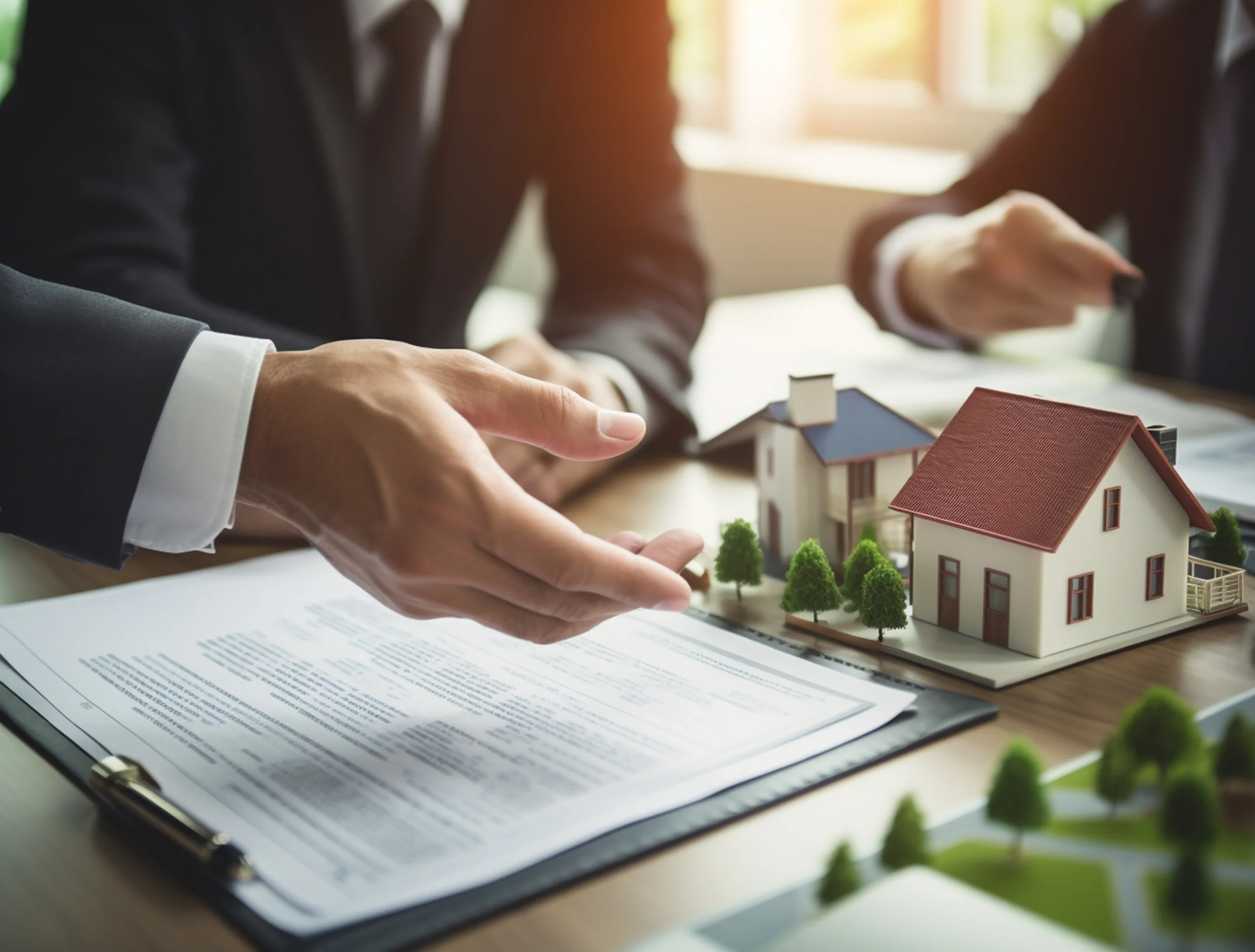 Real estate agent gesturing toward contract documents beside property models to explain electronic signatures for real estate.